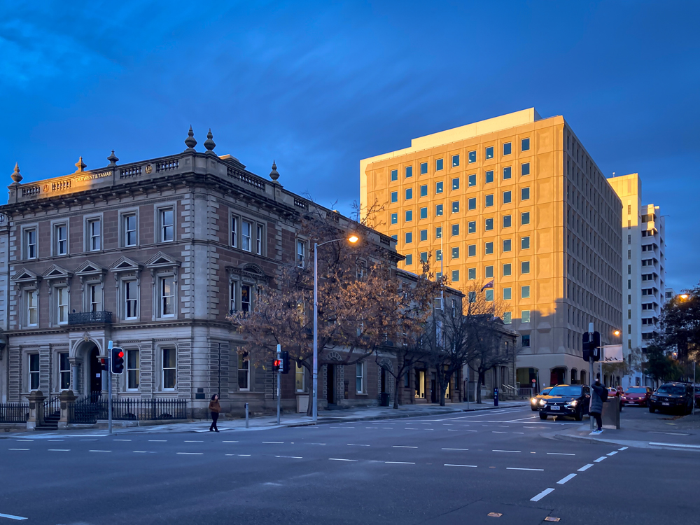 The early morning light on Macquarie Street, Hobart catches the Lands Building