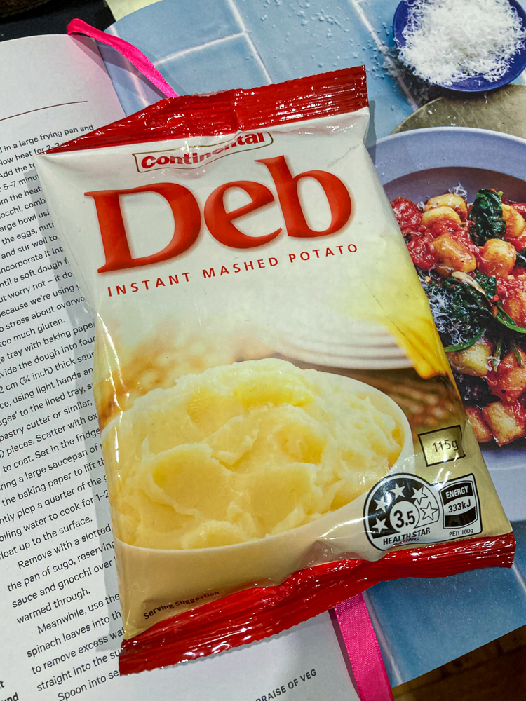 A packet of Deb dehydrated potato on top of the gnocci recipe