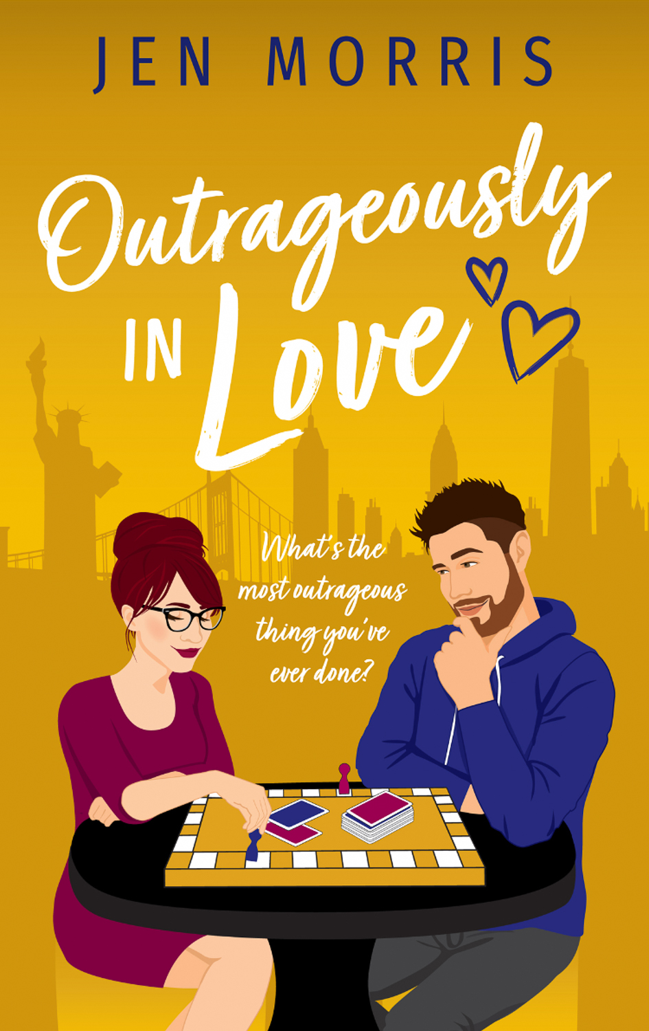 The cover of Outrageously in Love by Jen Morris, a woman and a man seated at a table playing a board game