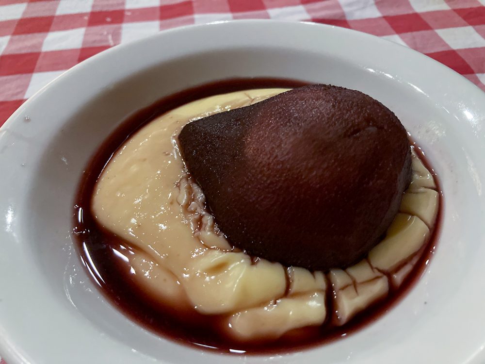 Red wine poached pear and custard