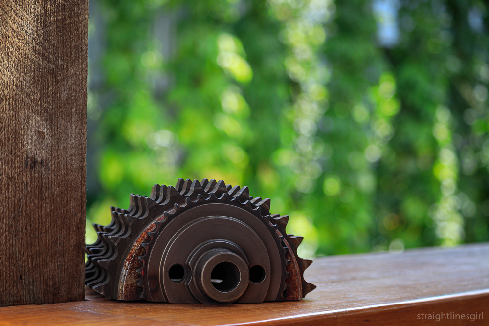 Sculpture of gears embedded into a wooden bar with hop vines in the background