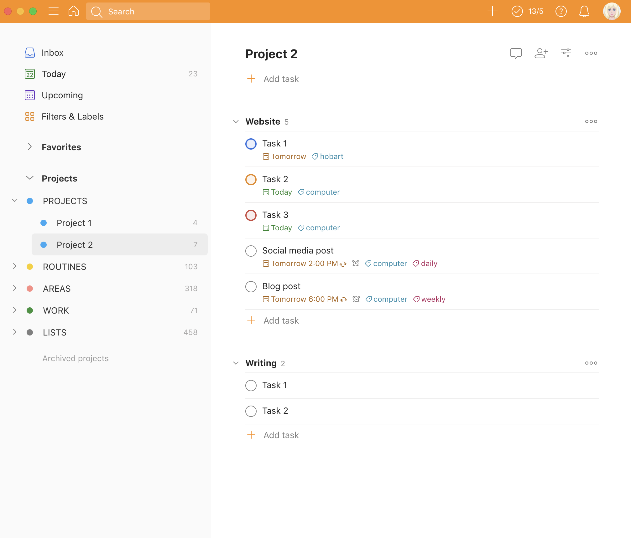 Example Todoist project showing tasks, labels, due dates and priorities