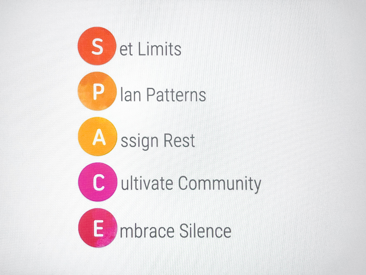 The five principles of SPACE: • Setting limits • Planning patterns  • Assigning rest • Cultivating community  • Embracing silence