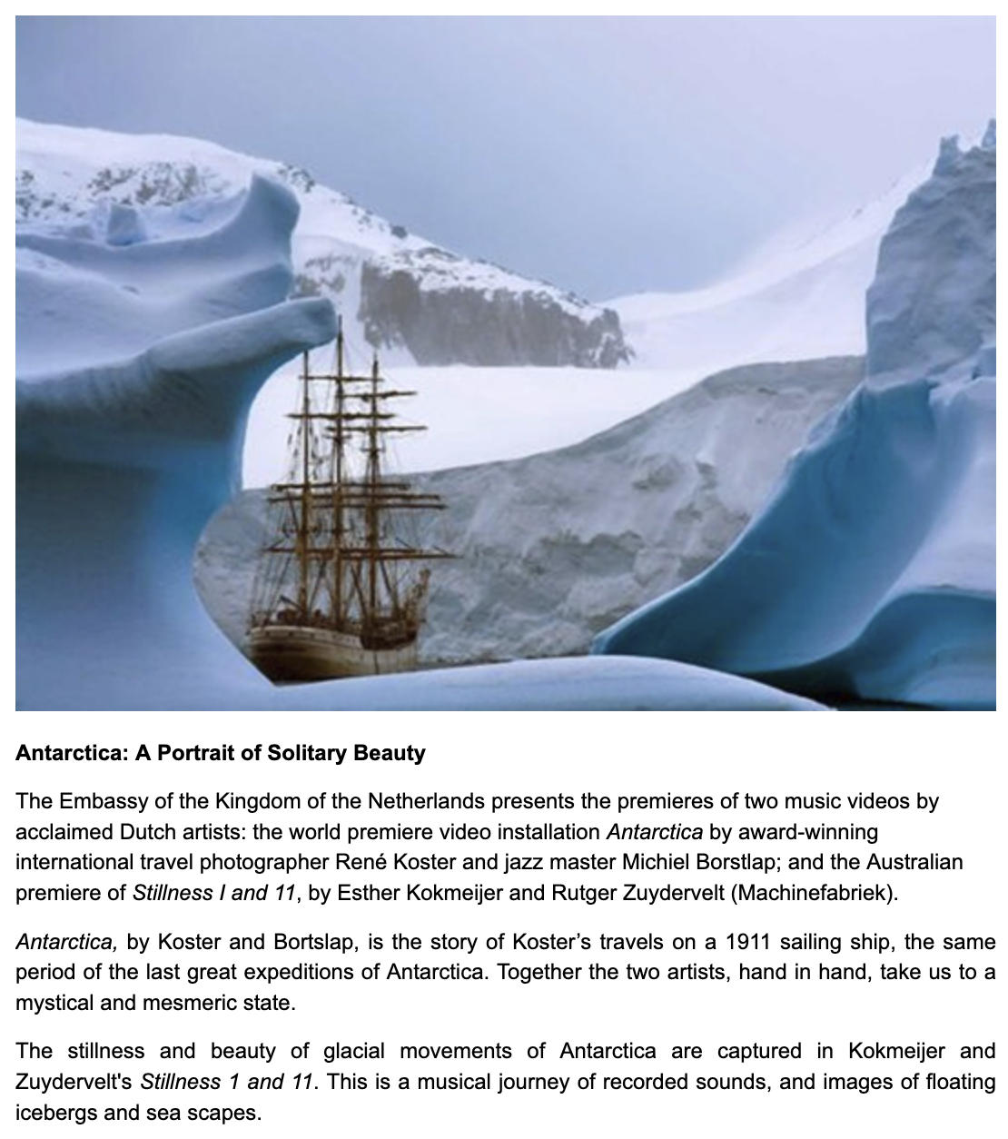 An old-fashioned sailing ship in a sea surrounded by giant icebergs, above text promoting the exhibition