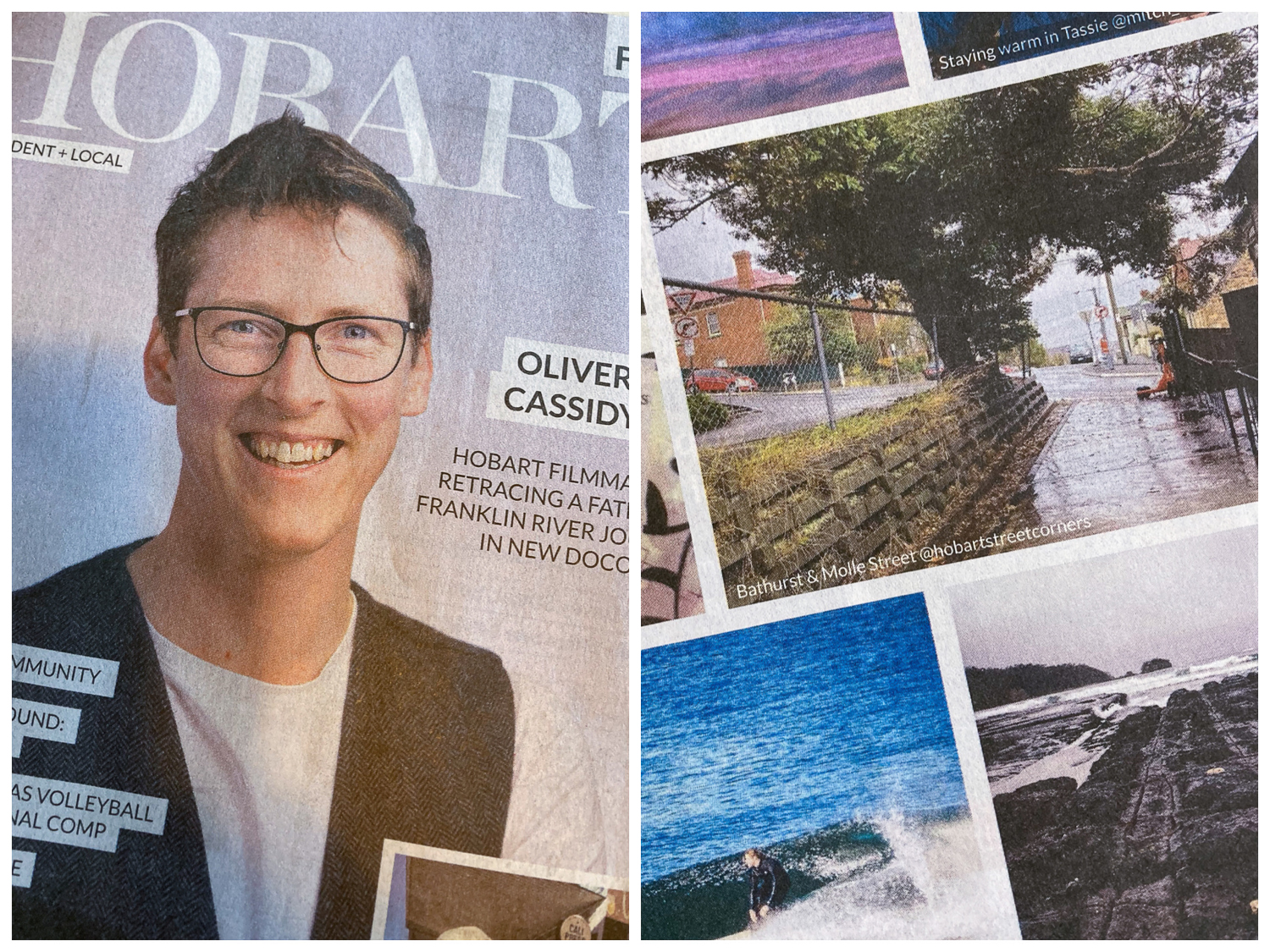 On the left, the cover of The Hobart Magazine featuring a man wearing glasses; on the right a collage of images including a street corner with a scooter on the footpath