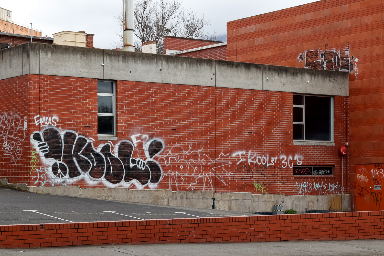 A graffitied red brick building