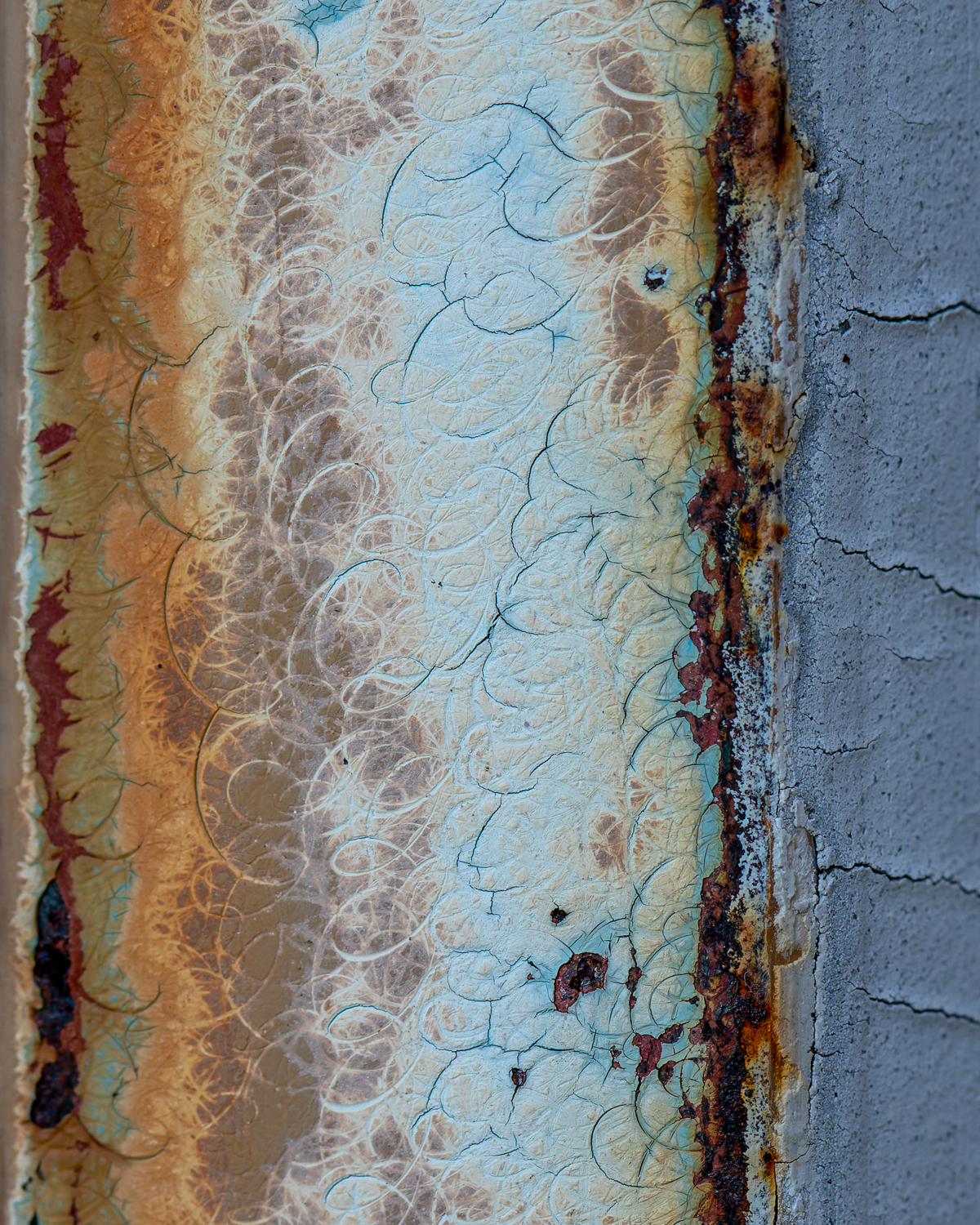 A close-up image of a rusty white window frame