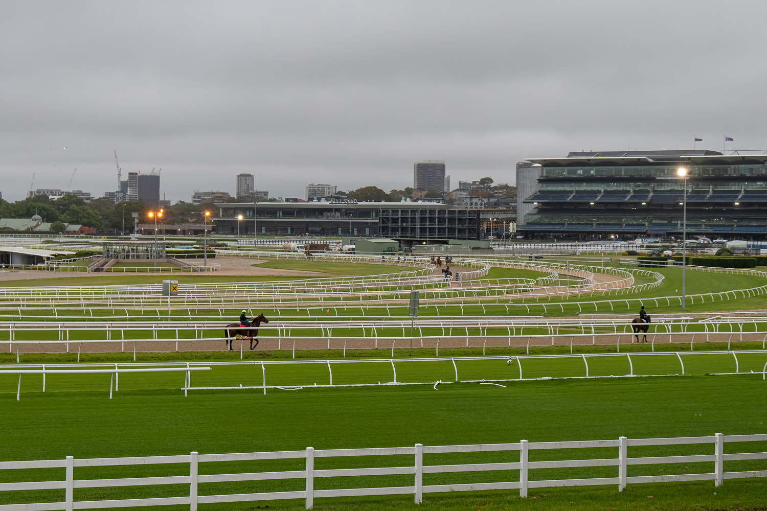 A wide shot of a racecourse with horses doing track work 