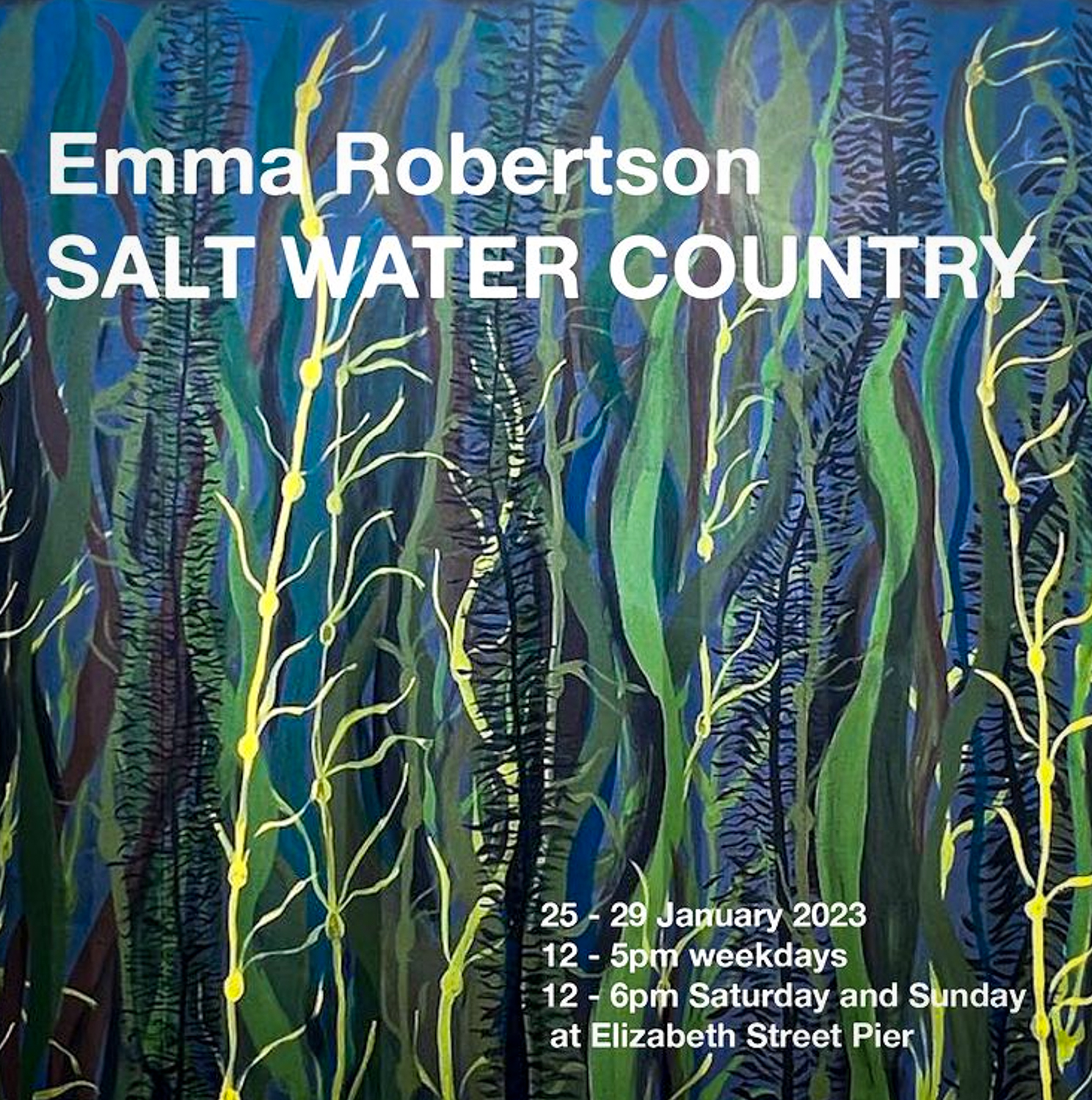 A blue and green sea kelp forest with the words "Emma Robertson Salt Water County" in white text