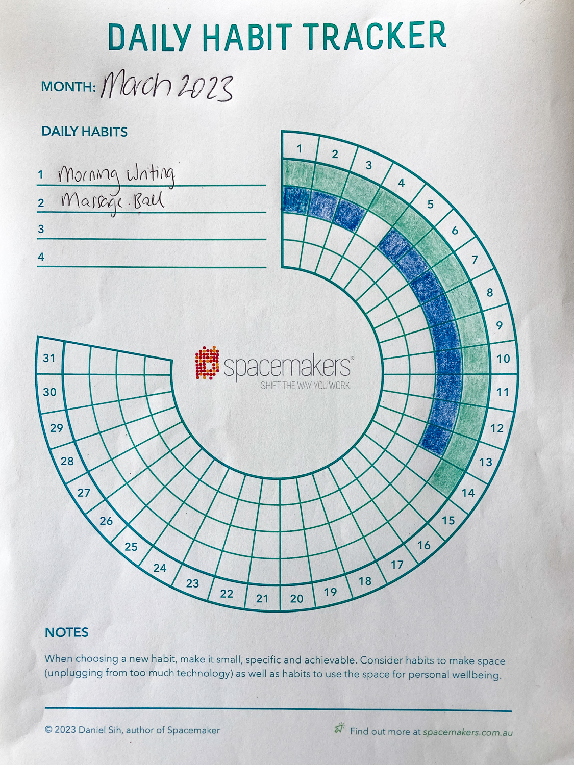 A circular habit tracker with four rows of 31 boxes, two labelled "morning writing" and "massage ball" and days coloured in up to 14