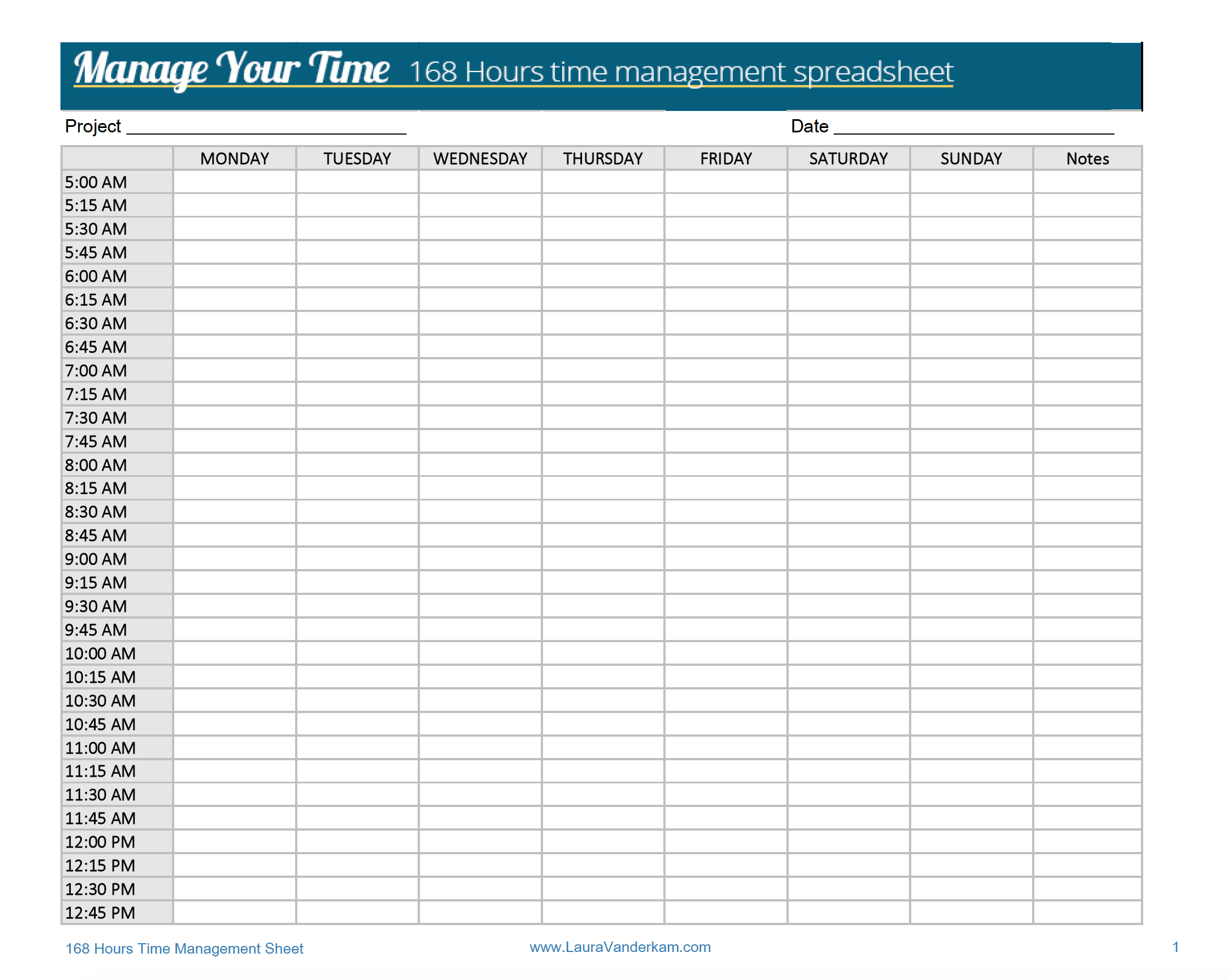 A table headed "Maanage your time - 168 hours time management spreadsheet" with columns Monday to Sunday and rows 5.00 am to 12.45 pm in 15-minute increments