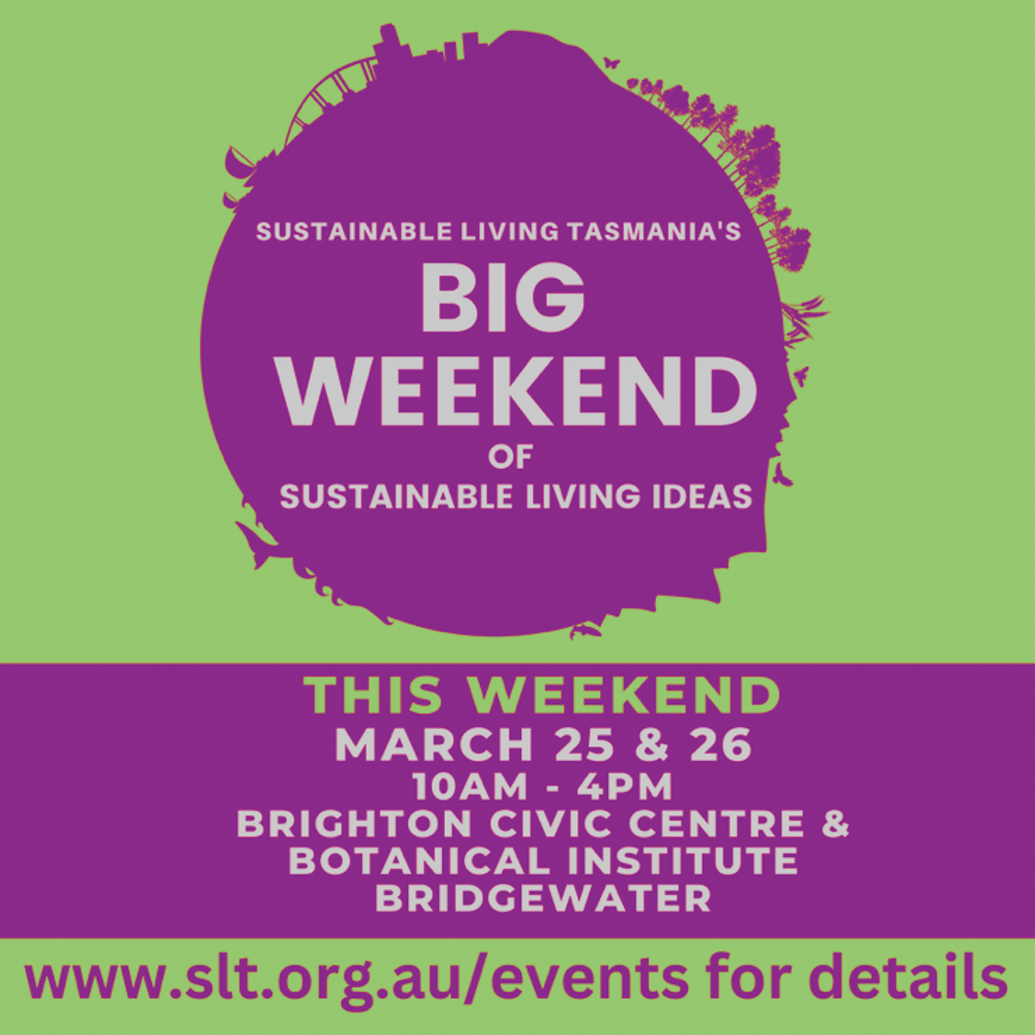 Green tile with purple highlights for the Big Weekend of Sustainable Living Ideas