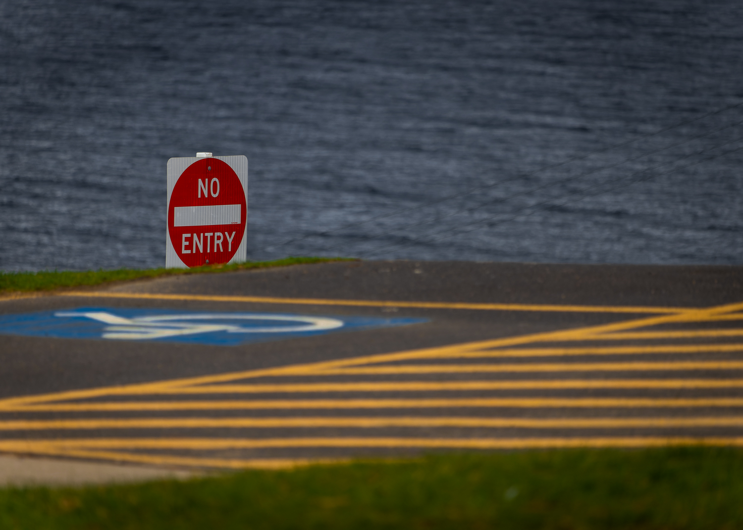 Yellow parallel lines on bitumen next to a blue and white painted wheelchair on the ground, green grass and a red and white 'no entry' sign, all in front of blue rippling water