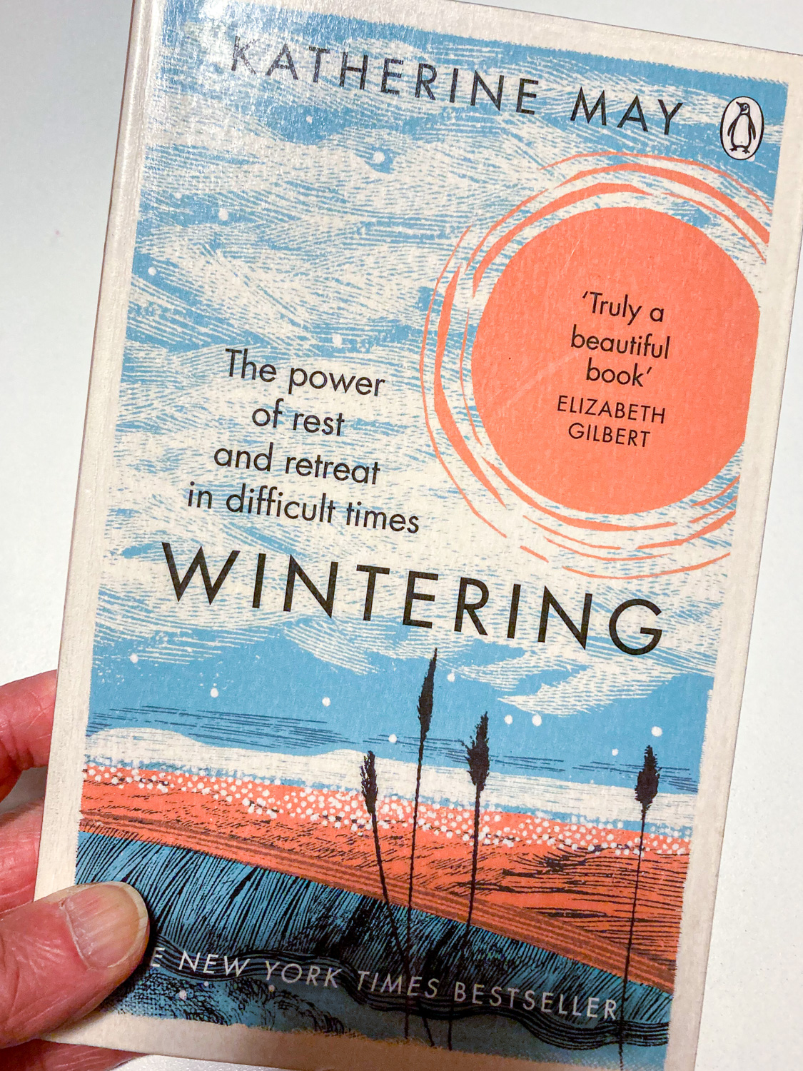 The cover of a book called Wintering by Katherine May, with blue and orange graphics on the sea and sky
