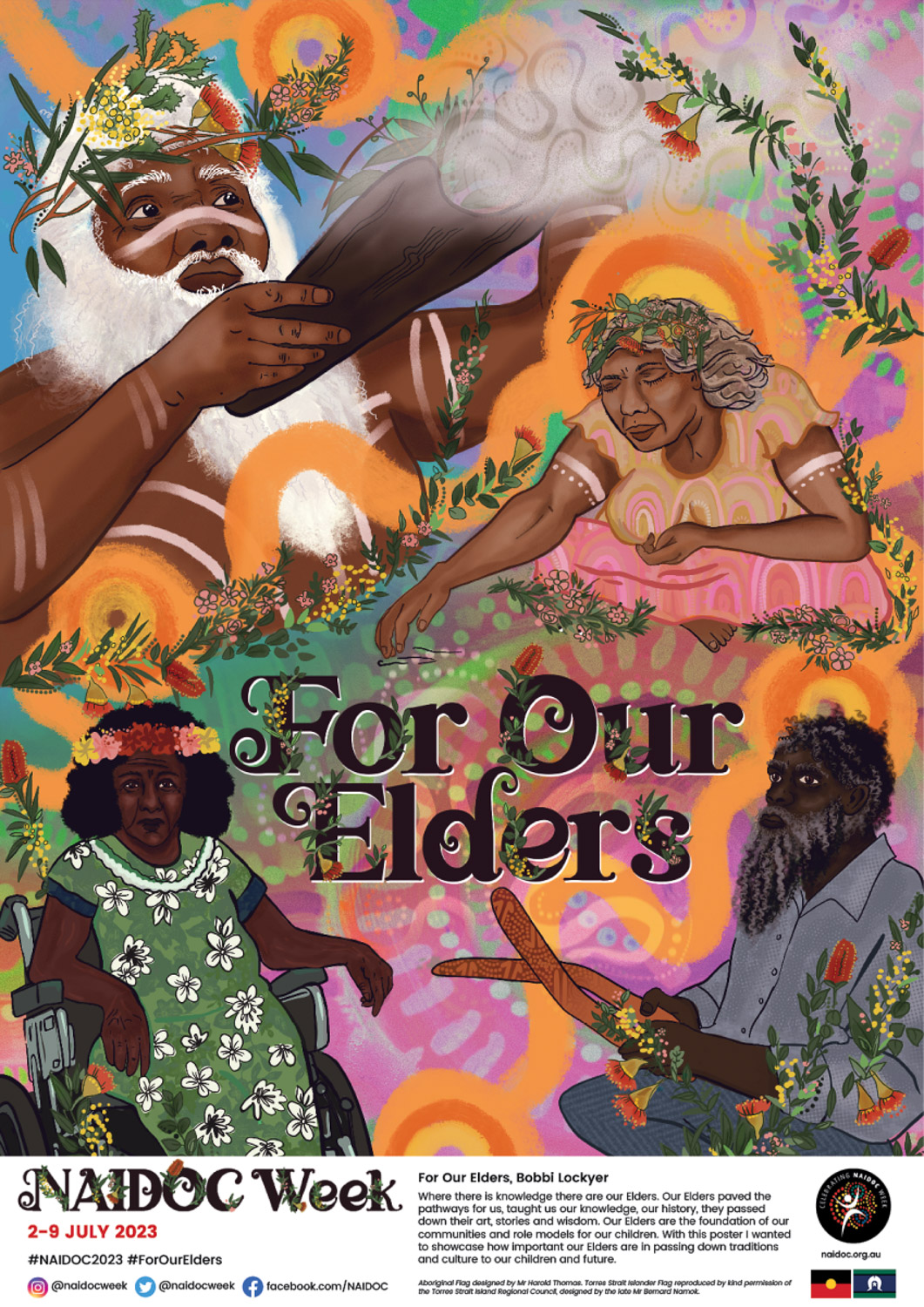 Colourful illustration of four Aboriginal elders and the wordsr "For Our Elders". Below the image is the words NAIDOC Week 2-9 July 2023