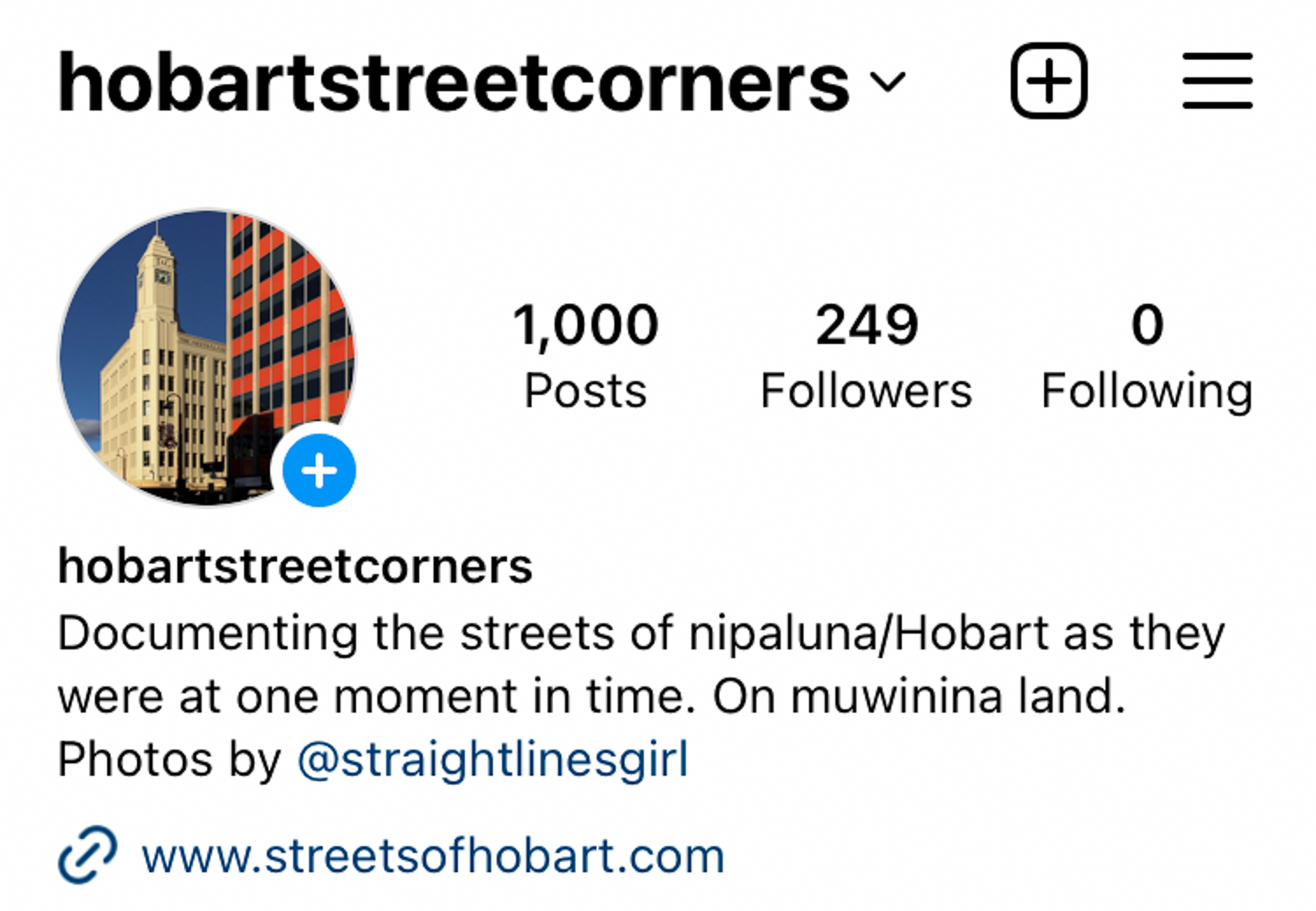 A profile of the Instagram account of Hobart Street Corners showing 1000 posts and 249 followers