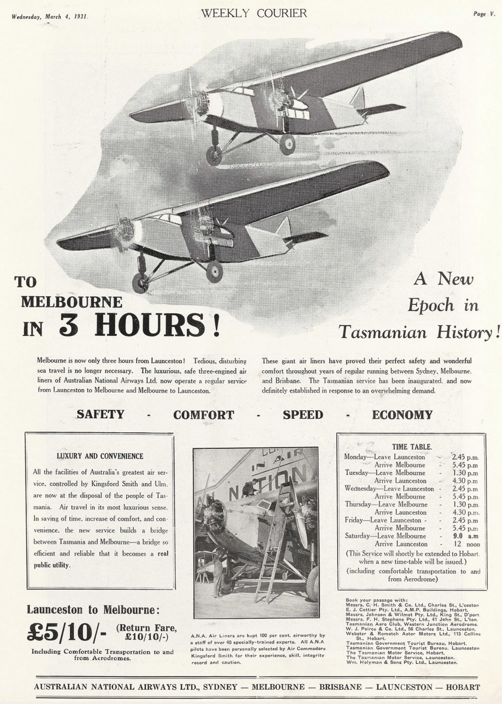 A magazine advertisement for flights between Tasmania and Melbourne in 1931 clamining "to Melbourne in 3 hours!" with images of old planes