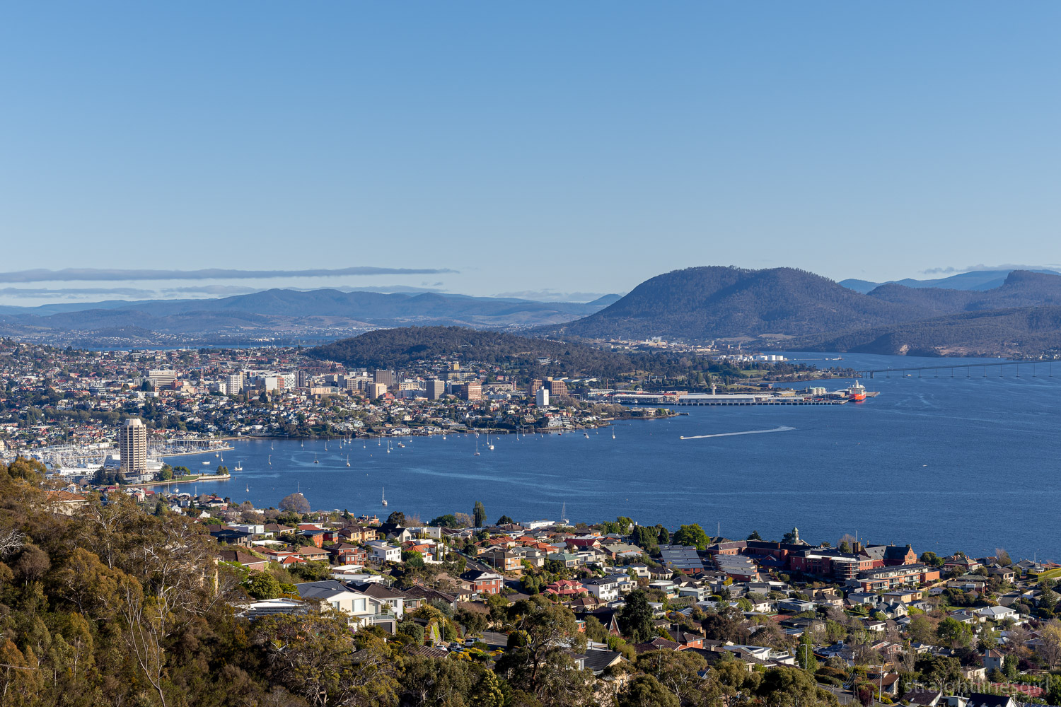 A view from a hill of a city surrounding a harbour with a large hill in the background
