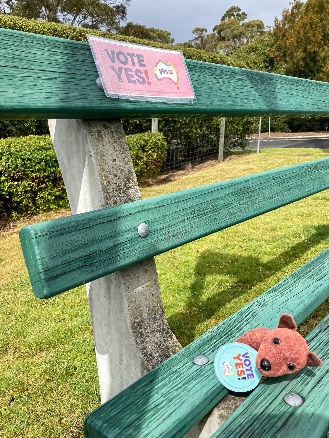 A green bench with a pink "Vote Yes" sticker and a small teddy bear with a "Vote Yes" sign around its neck
