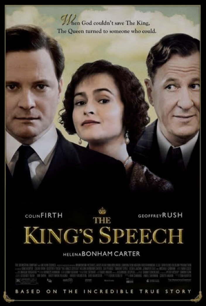 A movie poster for The King's Speech featuring three white middle-aged humans, a woman with dark hair is standing between two men, both with dark hair.