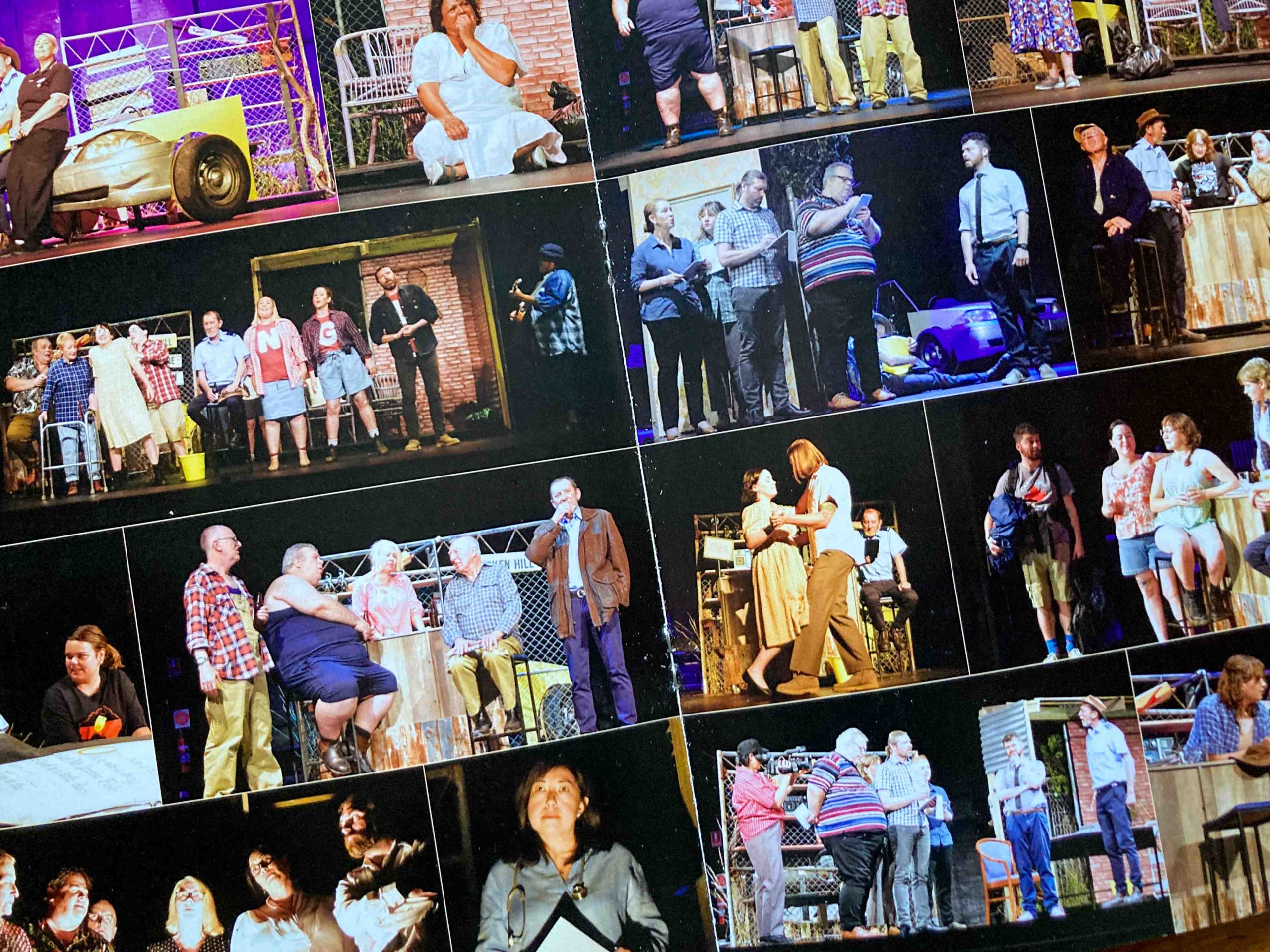 A series of photos of a stage show depicting people doing various actions, inckuding talking at a bar, dancing and holding a book