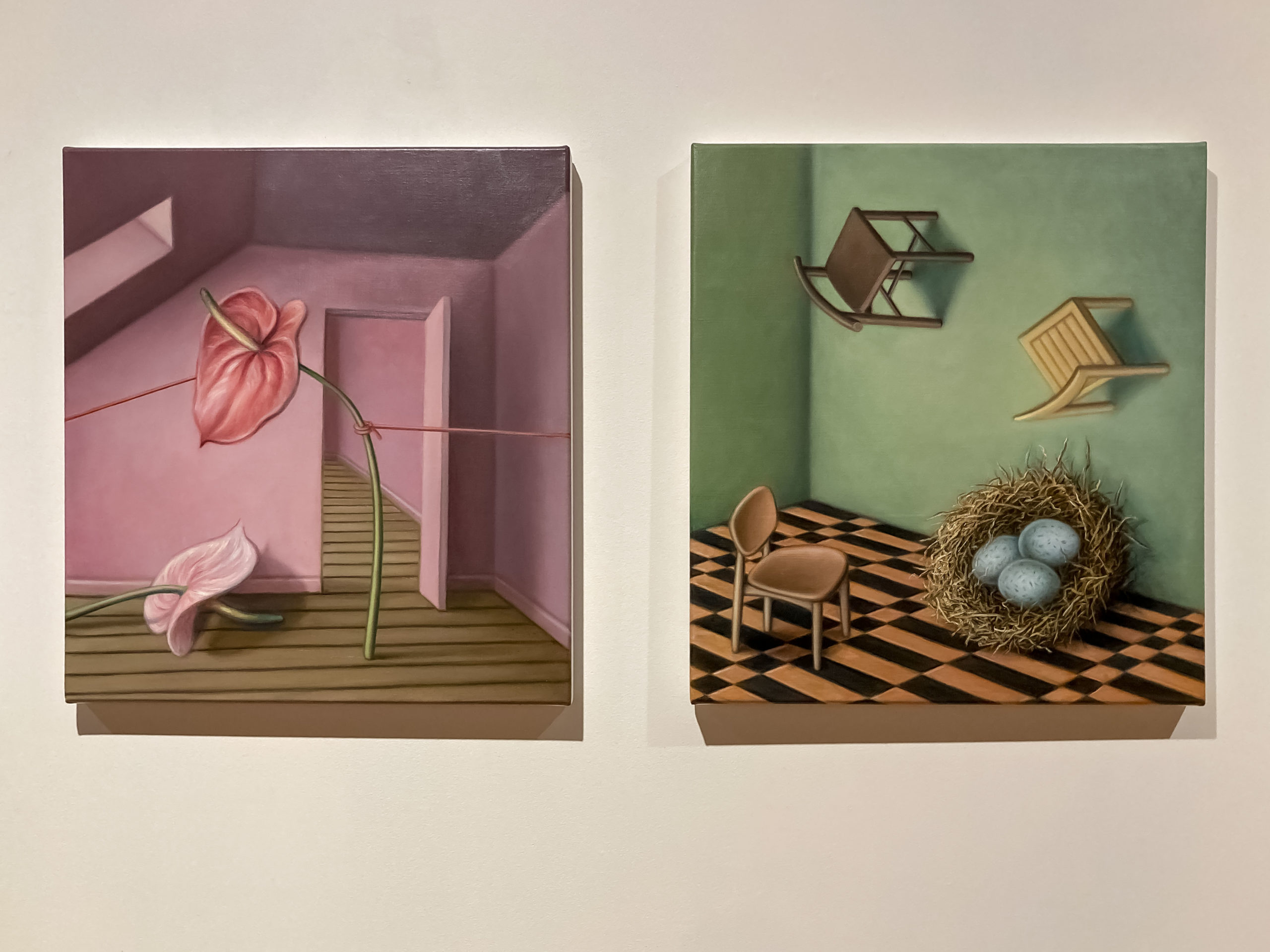 A pink painting of Anthuriums held tightly by red thread, and a gren tonied painting with a nest containing eggs, and three chairs, two of which are on the green wall