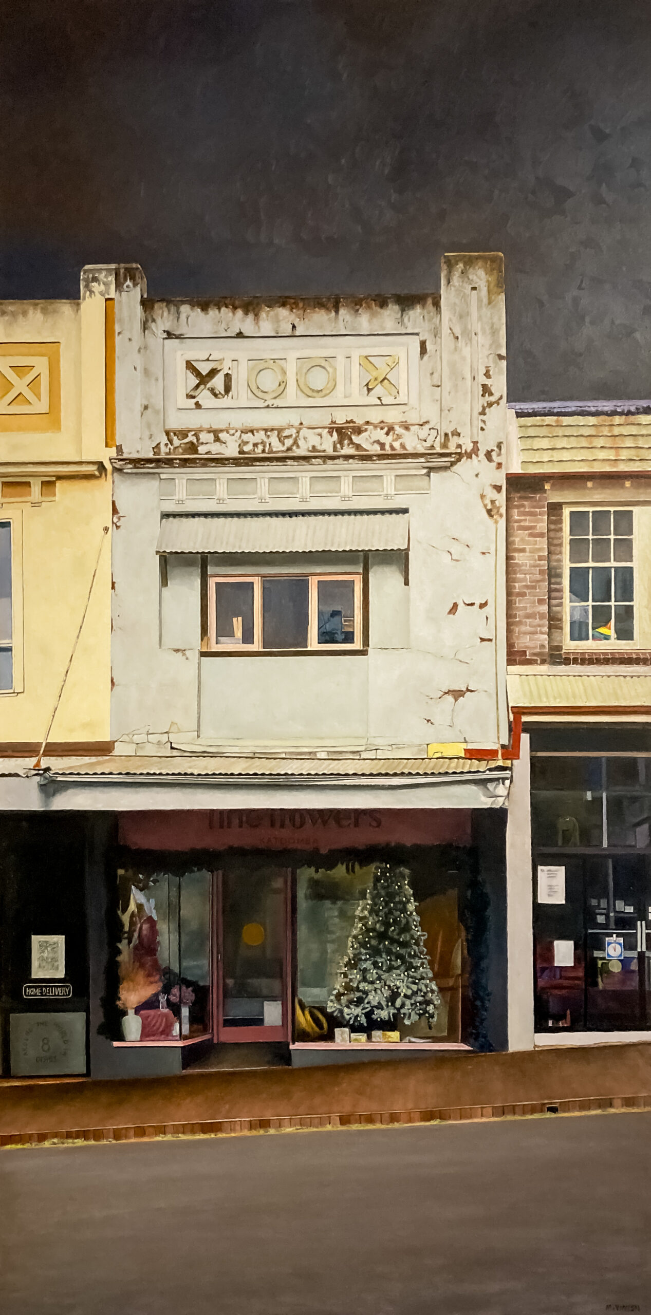 A portrait oriented painting of an old store front with Christmas decorations in the window