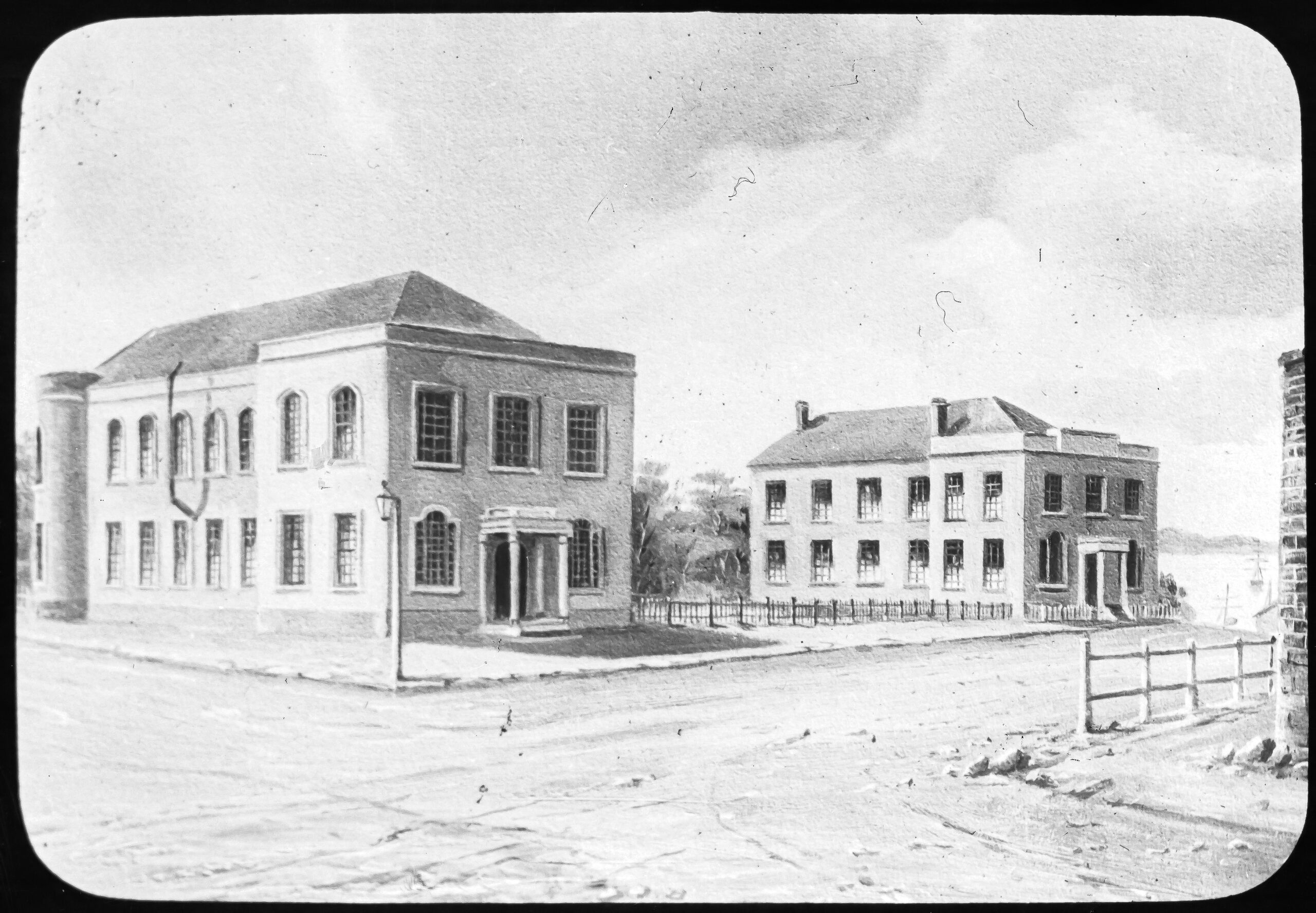 Archiival photo of two two-storey buildings from the 1830s