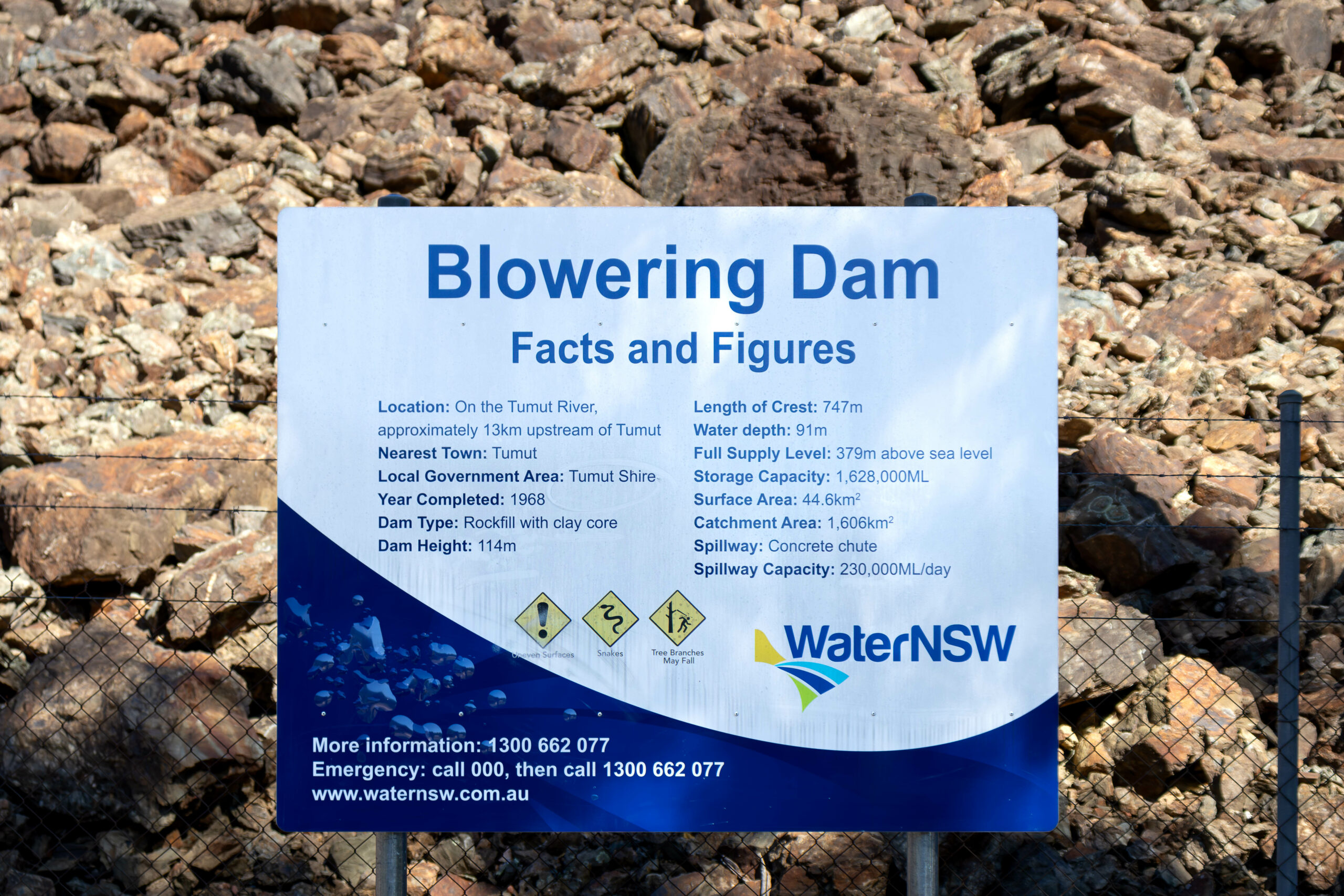 A sign with the title "Blowering Dam Facts and Figures" listing some information about the dam including its size and composition.