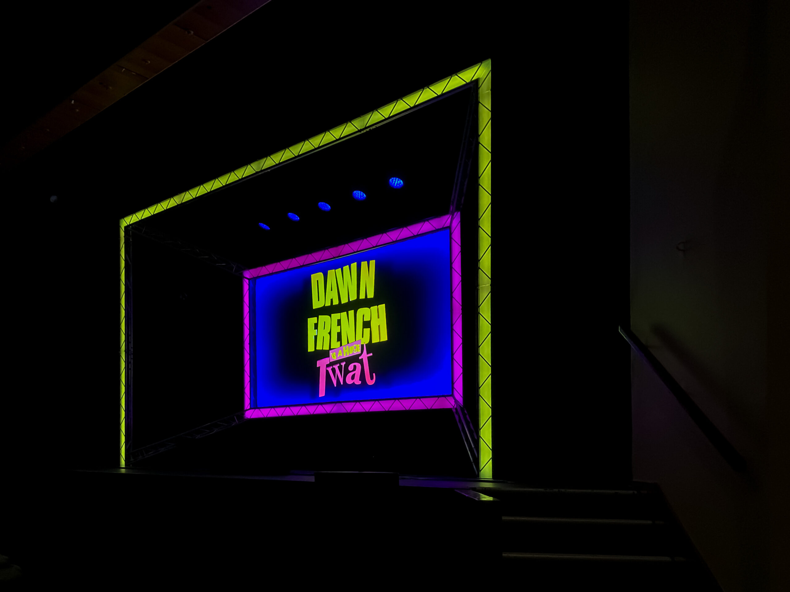 A dark background with a neon sign with the words DAWN FRENCH is a huge twat in yellow and red lighting