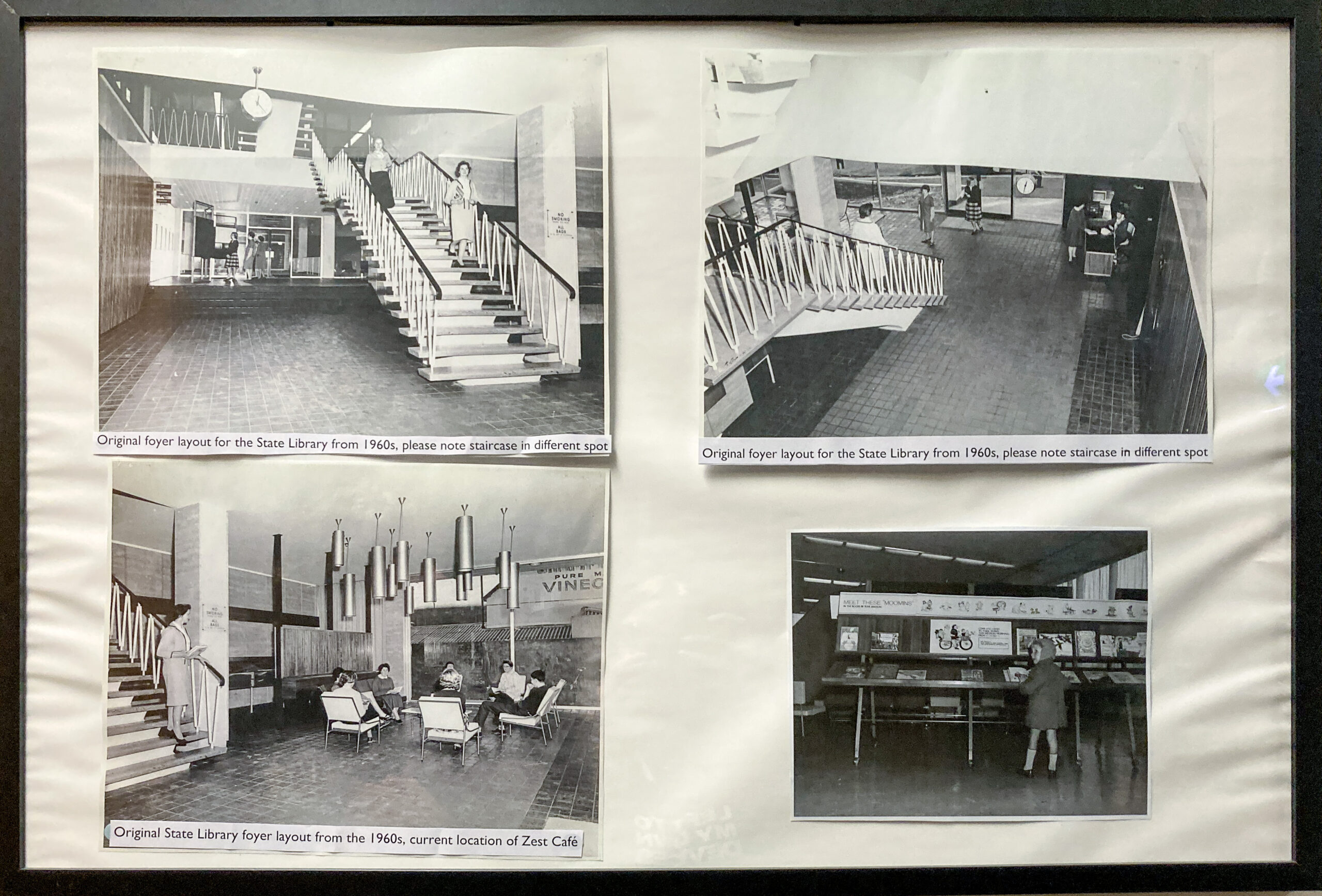 Four black and white photos depicting the interior of the Hobart Library