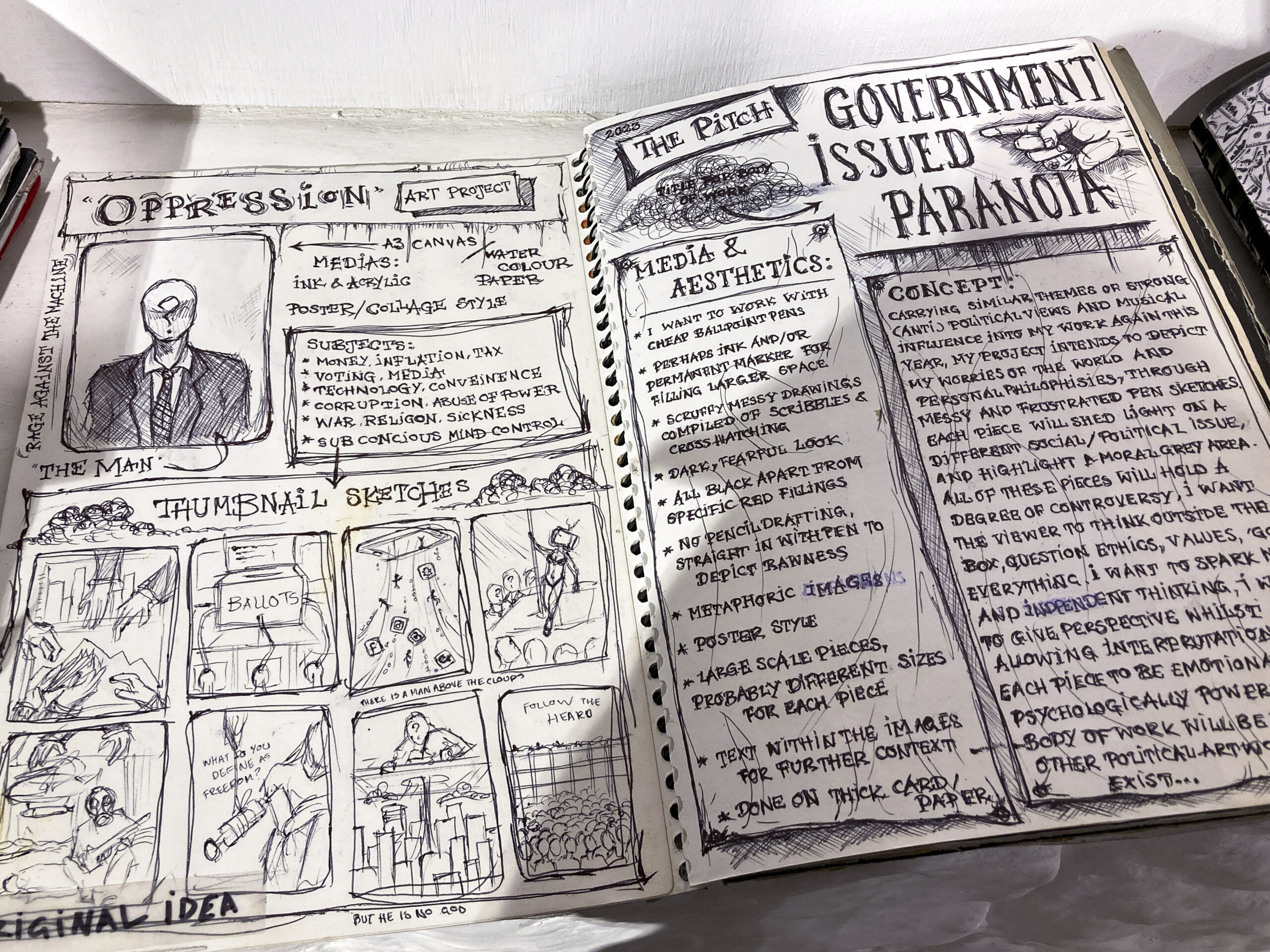 A double page spread from an art journal made with black pen on white paper exploring the concept of 'Government issued paranoia'