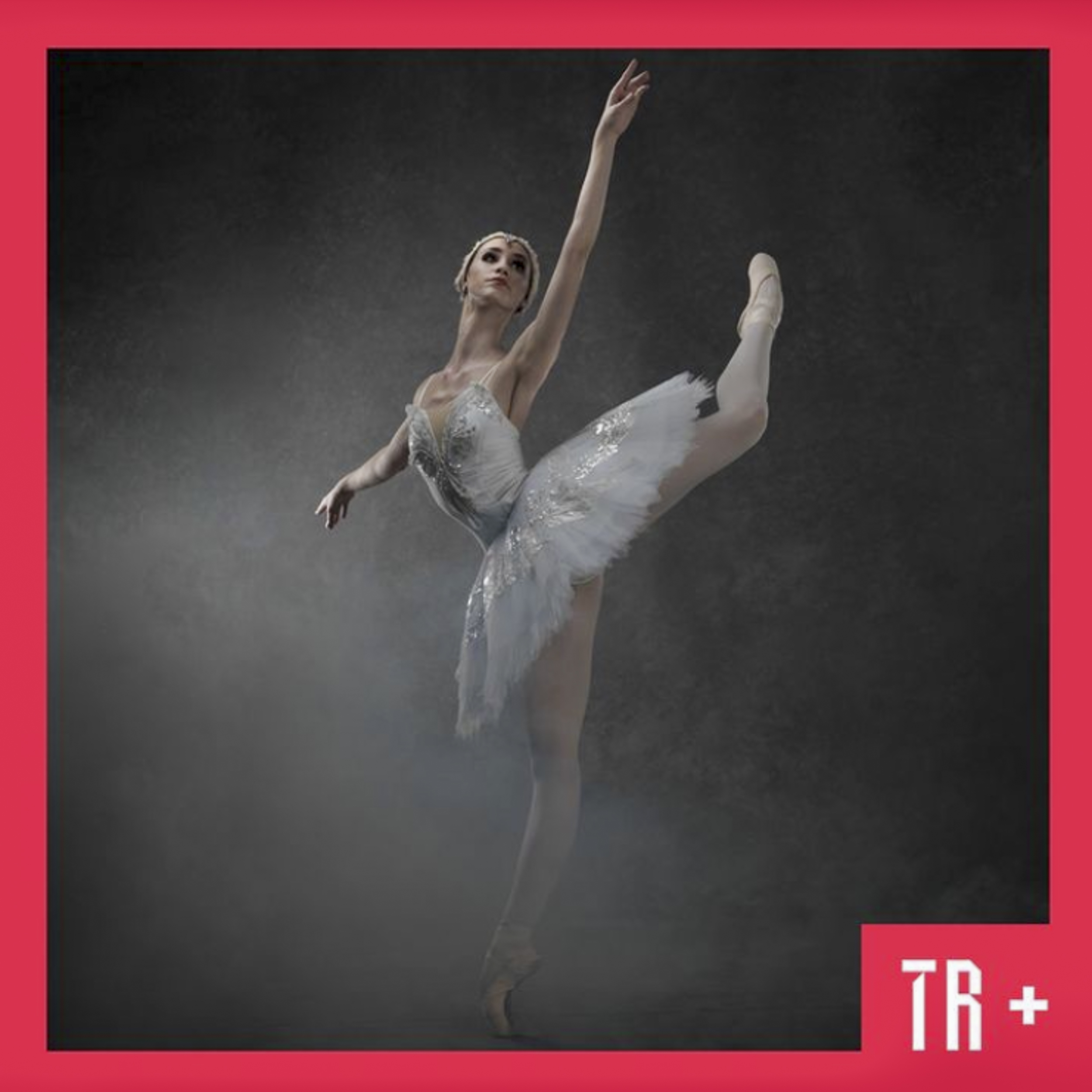 A red-framed tile of a female ballet dancer in a white tutu with arms and one leg outstretched