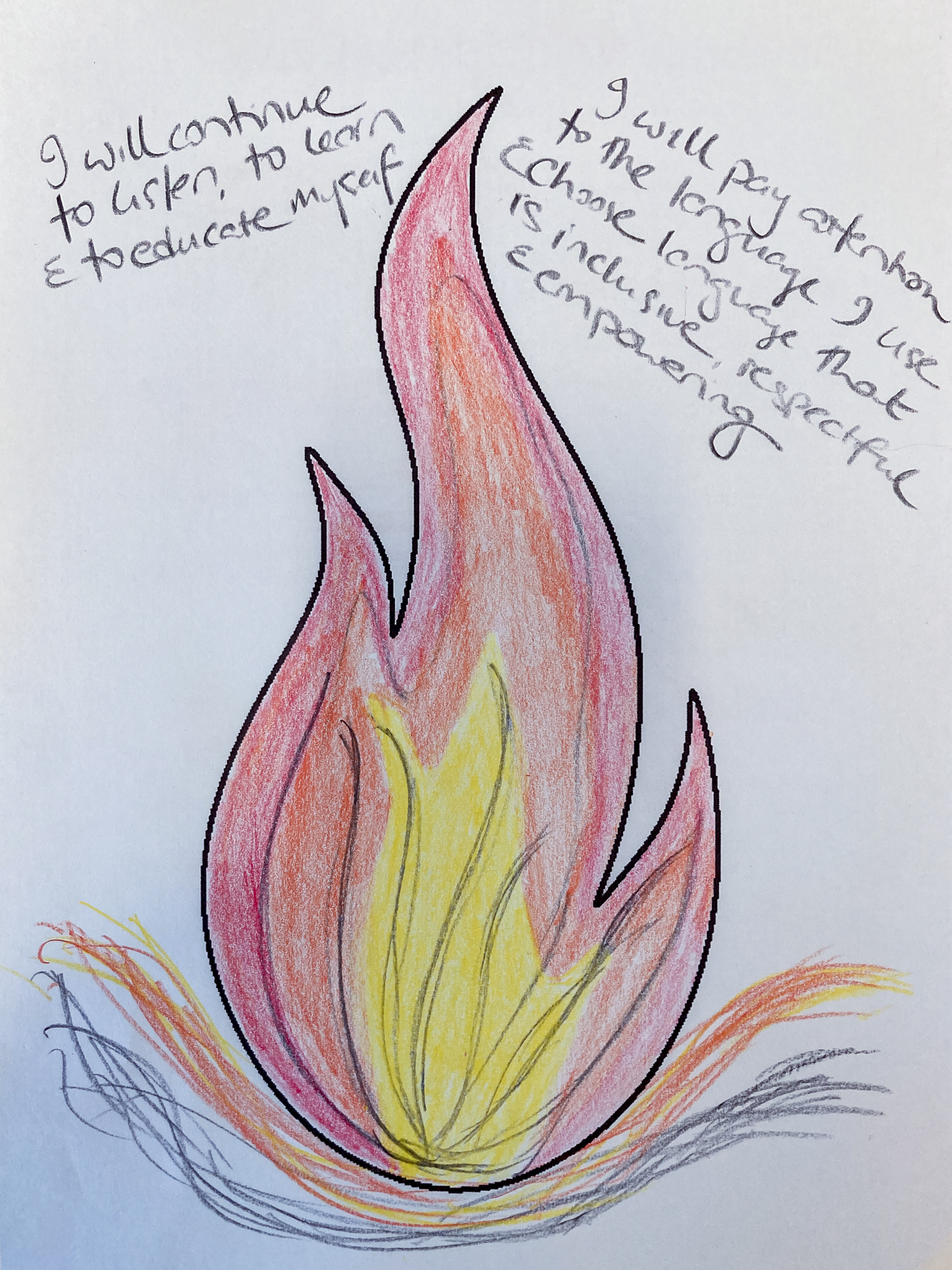 A hand coloured flame with the words of reflection on listening, learning and choosing conscious language