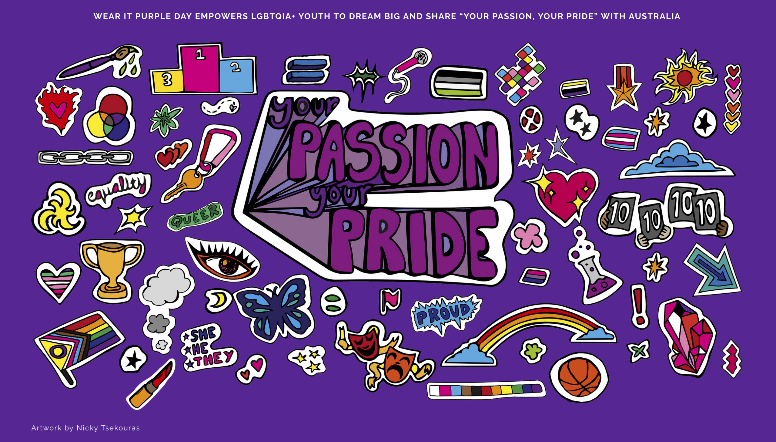 A predominantly purple artwork with many small figures and graphics and the words "Your Passion Your Pride" featuring prominently