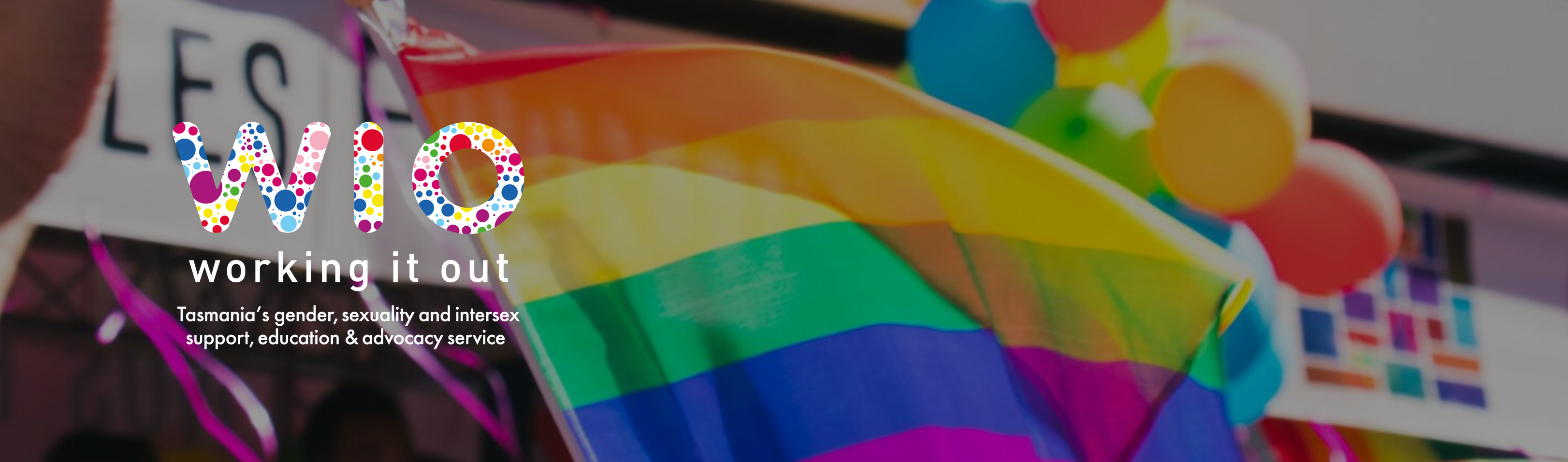 A rainbow flag banner with the words Working It Out made up of coloured dots