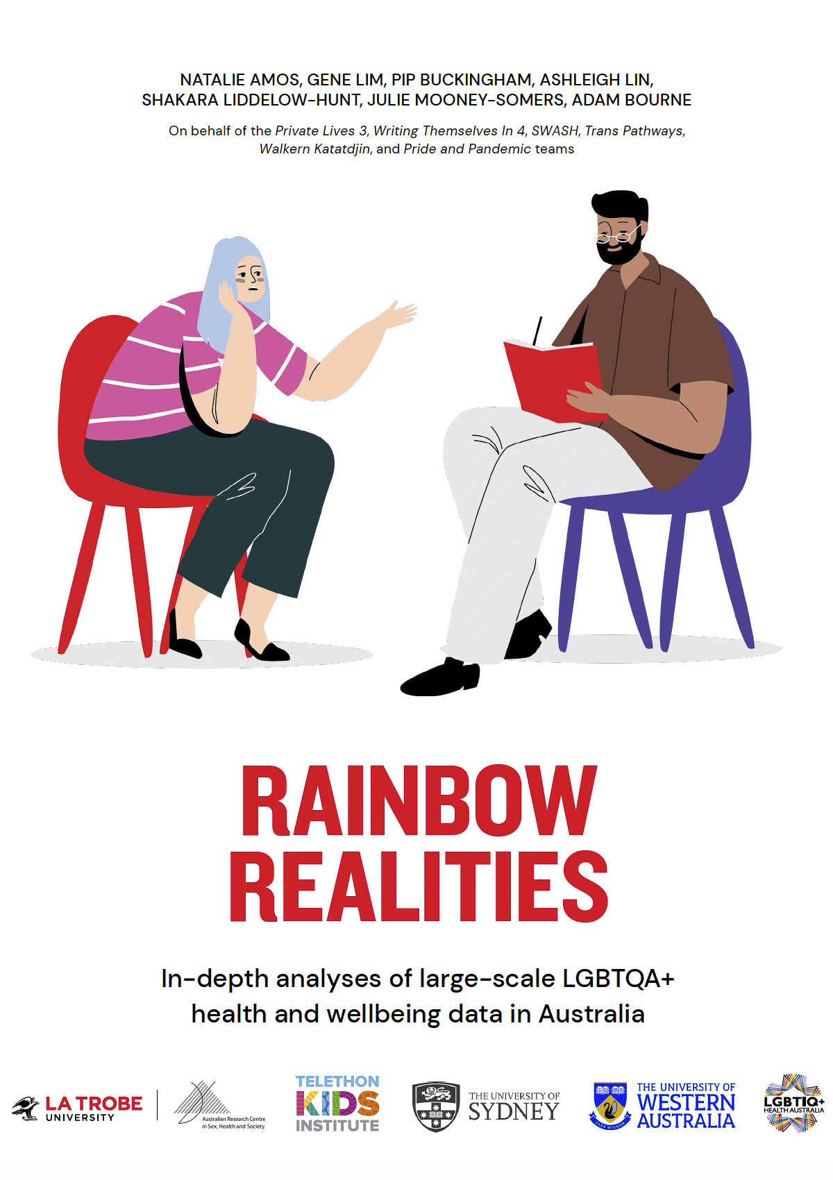 A cartoon graphic of two people sitting in chairs, one is speaking and one is taking notes. The words RAINBOW REALITIES appear in large red text at the bottom