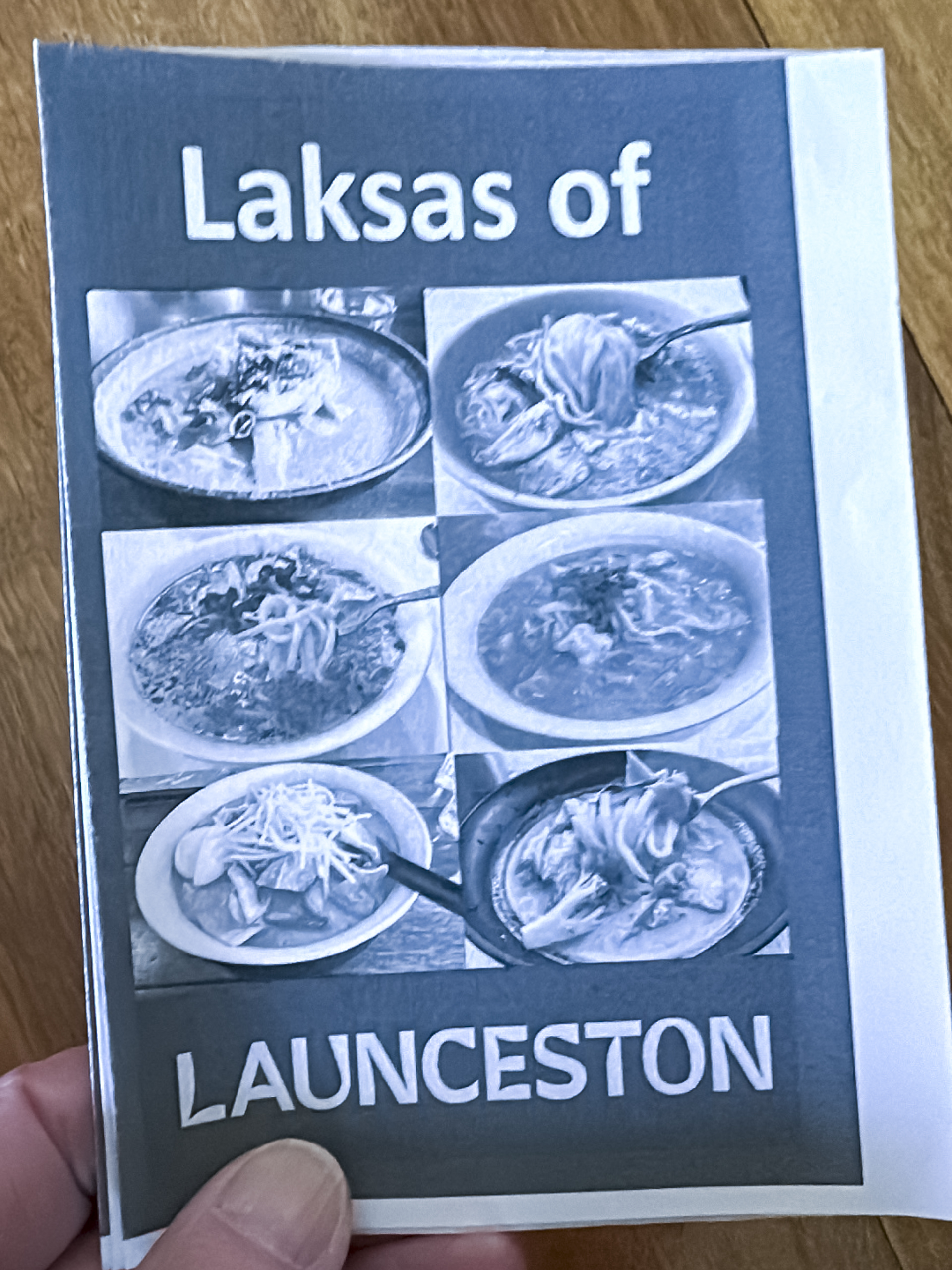 A small black & white document with the words "laksas of Launceston" and photos of six bowls of laksa