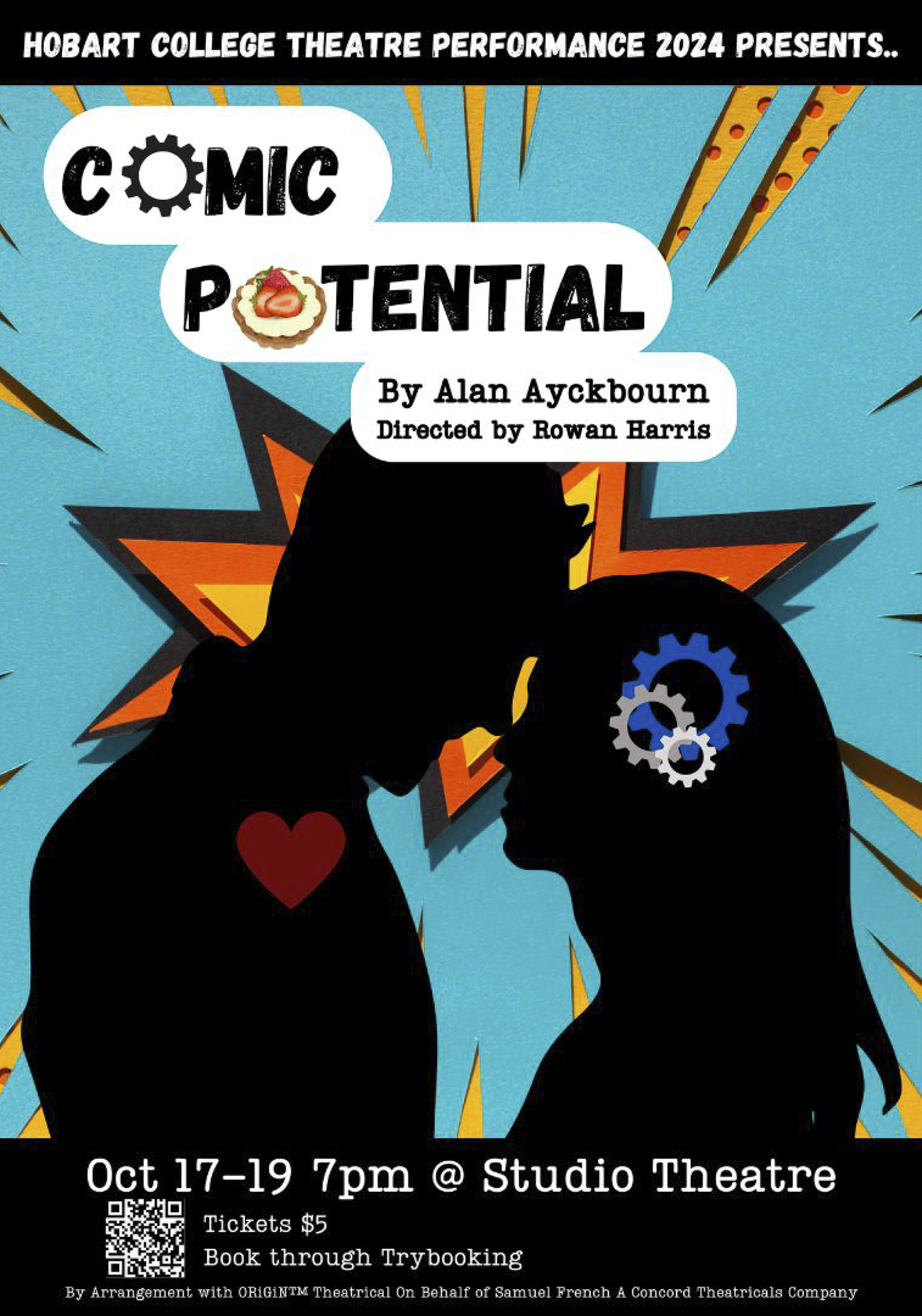 A poster for a play called Comic Potential, which has a blue background and a male and female silhouette close to each other. The male has a red heard in his chest and the female has blue cogs in her head