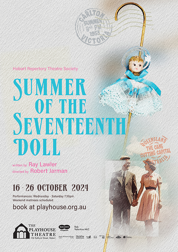 A poster a play called Summer of the Seventeenth Doll. This is written in blue text and there is an image of a doll on a stick at the top right and an image of a man and a women dressed in 1950s clothing holding hands and lookin at each other, in the bottom right corner