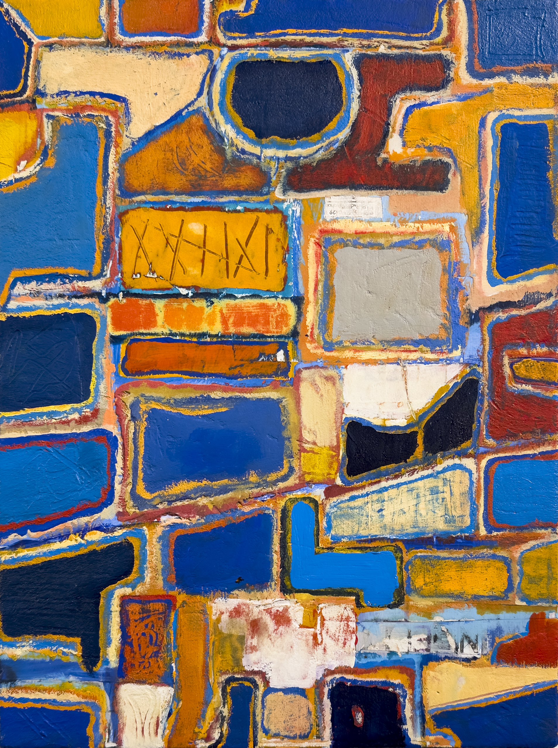 A mixed collage of different shapes and size in predominantly blue and orange