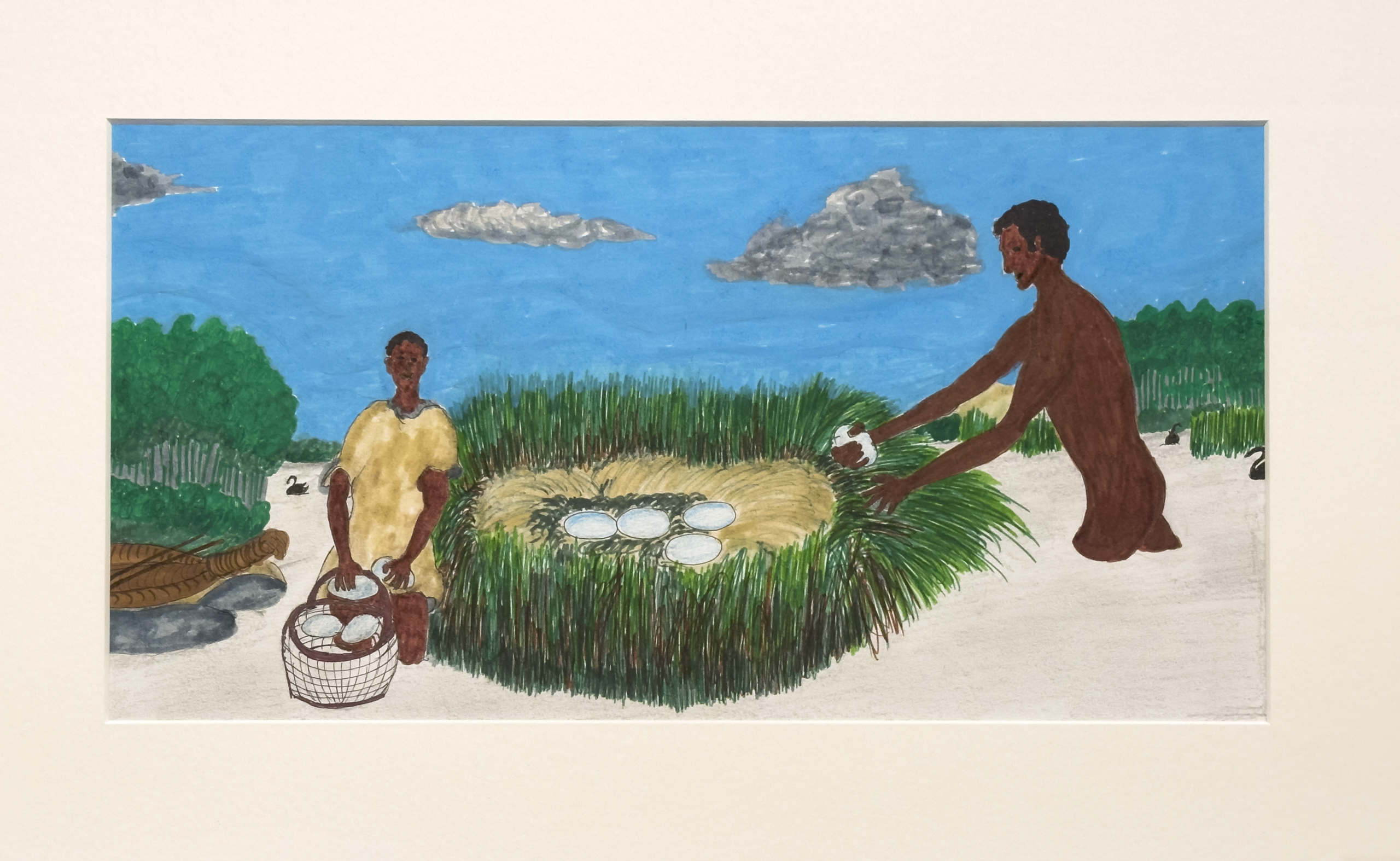 A painting of Aboriginal people gathering eggs from a nest that is surrounded by grass. There is a blue sky