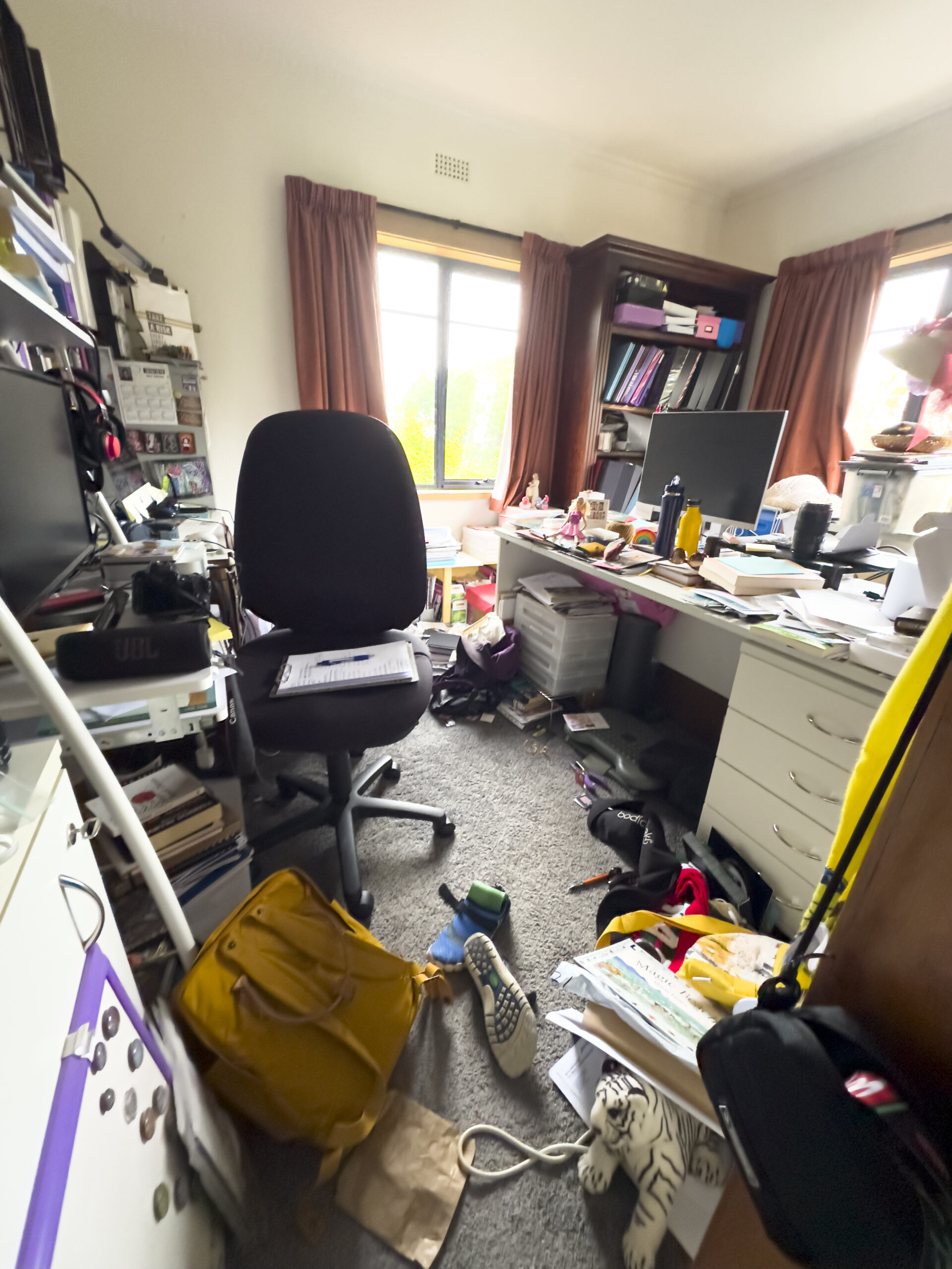 A room full of clutter with stuff all over the desk, the shelves and the floor