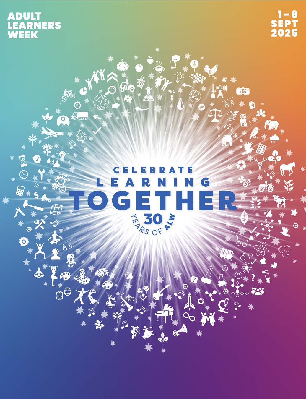 A multicoloured background and many white rays emerging from the central text that states Celebrate Learning Together