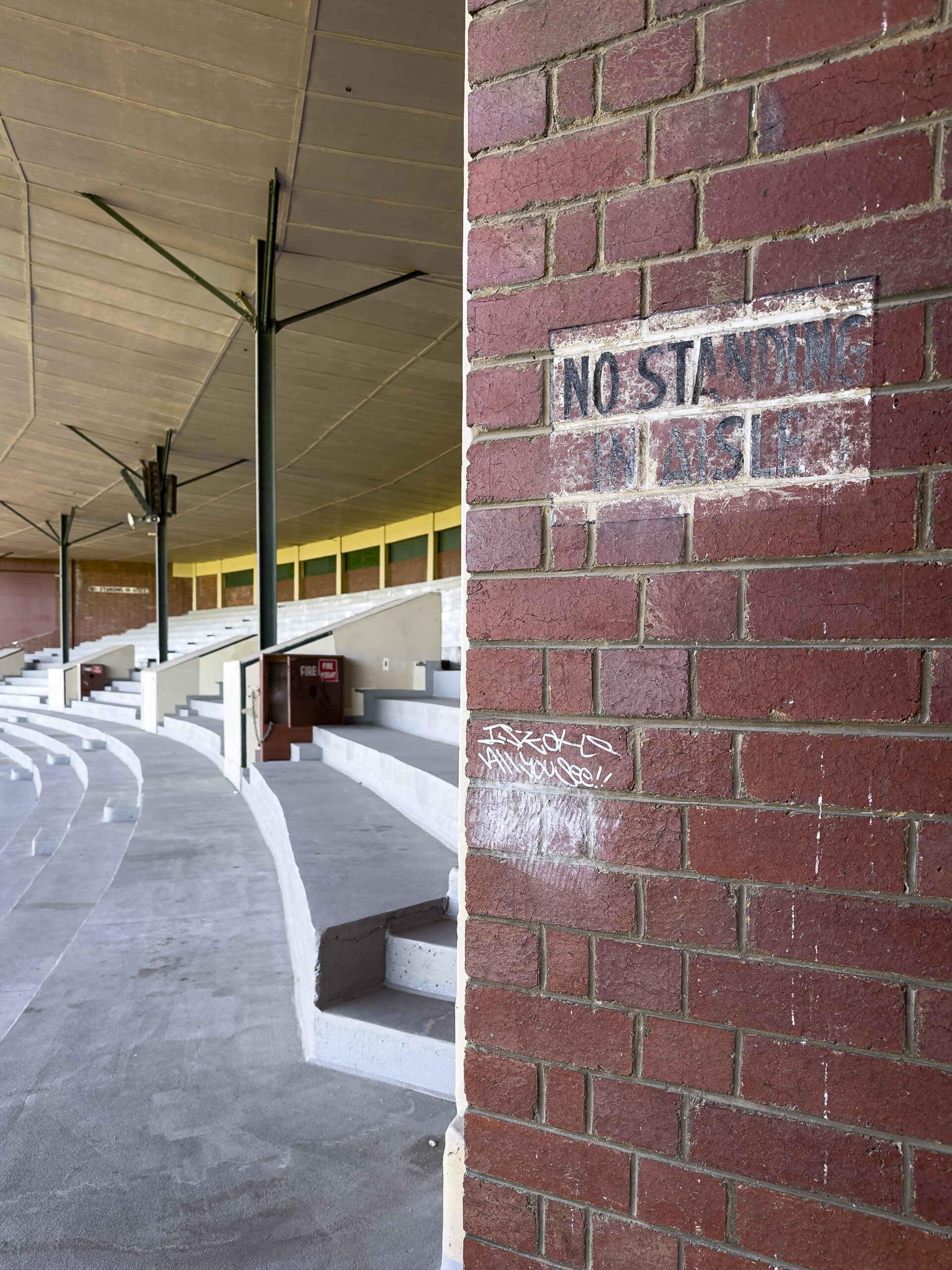 Looking into the seats of an old granstand