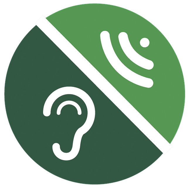 Two green half-circles on the diagonal, the top with a sound wave and the bottom with an ear