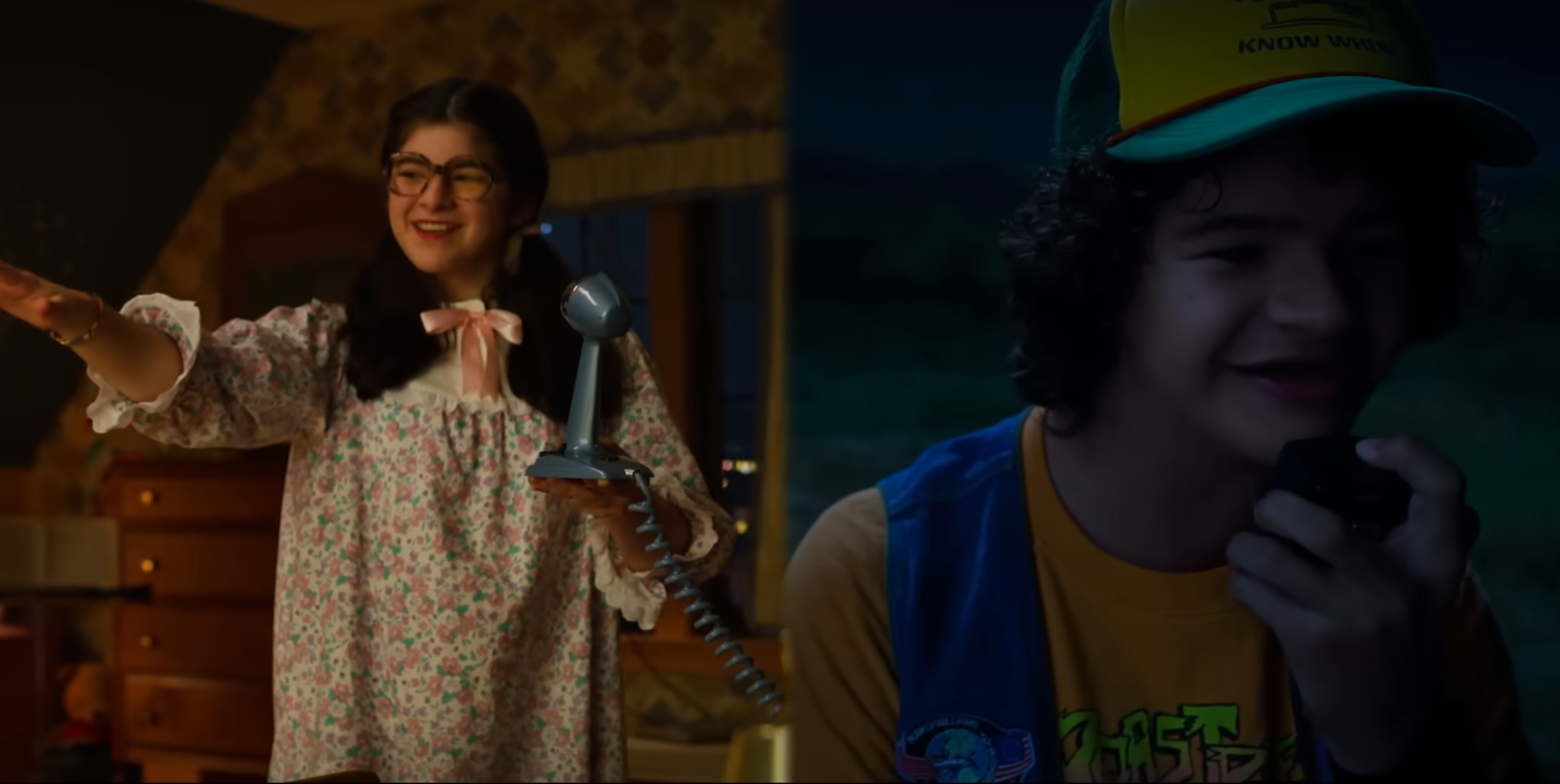 A split screen of two teenagers, a girl with long black hair and classes and a boy with dark hair and a cap