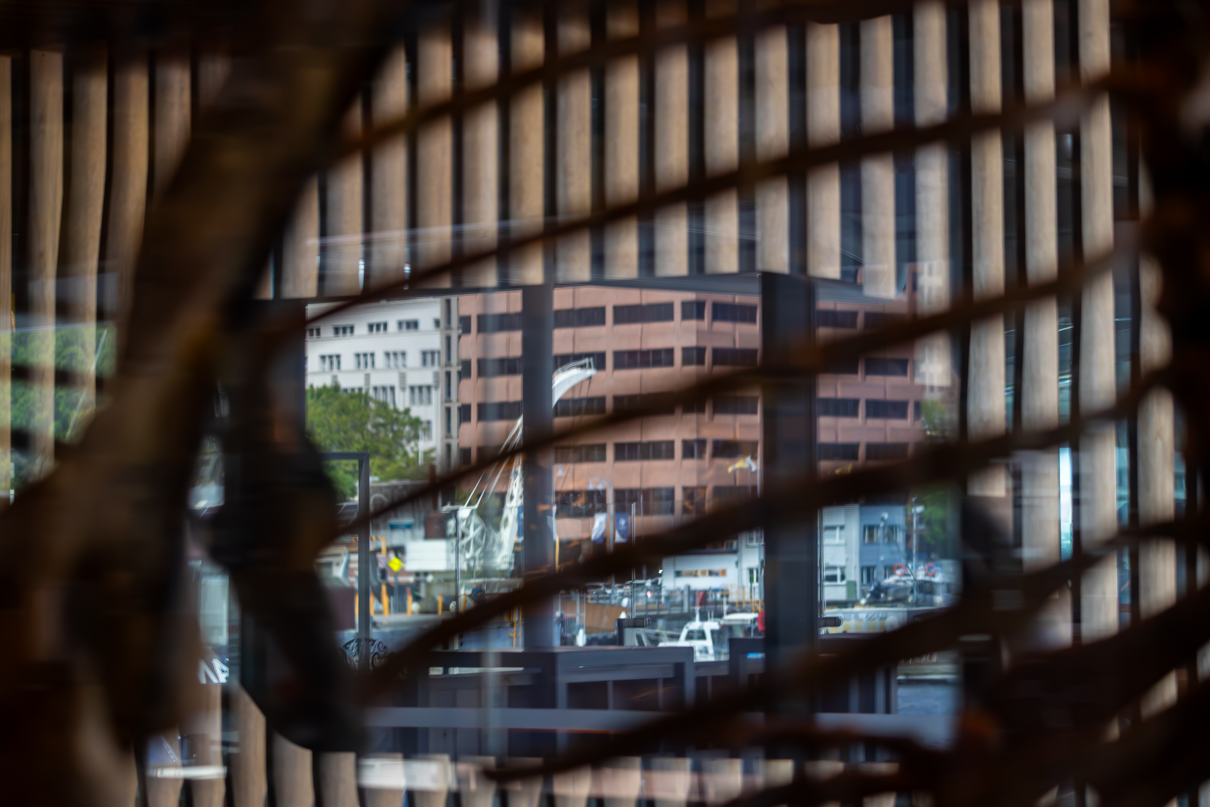 Looking through some internal wooden decorations to an outdoor scene of a multistory building and some boats