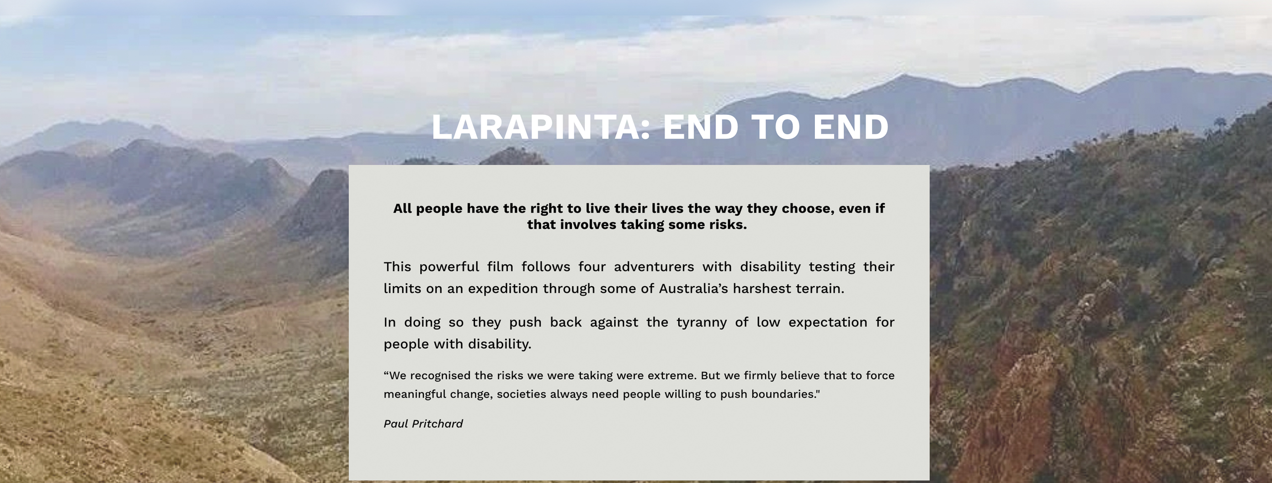 A screenshot of a promotion for a documentary called Larapinta End to End laid over top of an image of a desert landscape