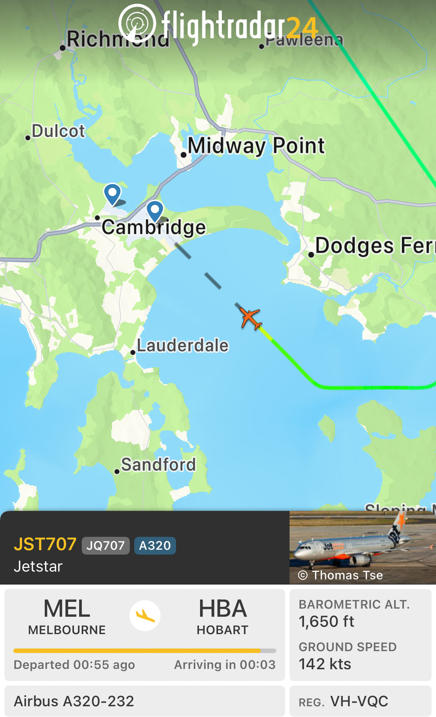 A map tracking a plane approaching Hobart Airport 
